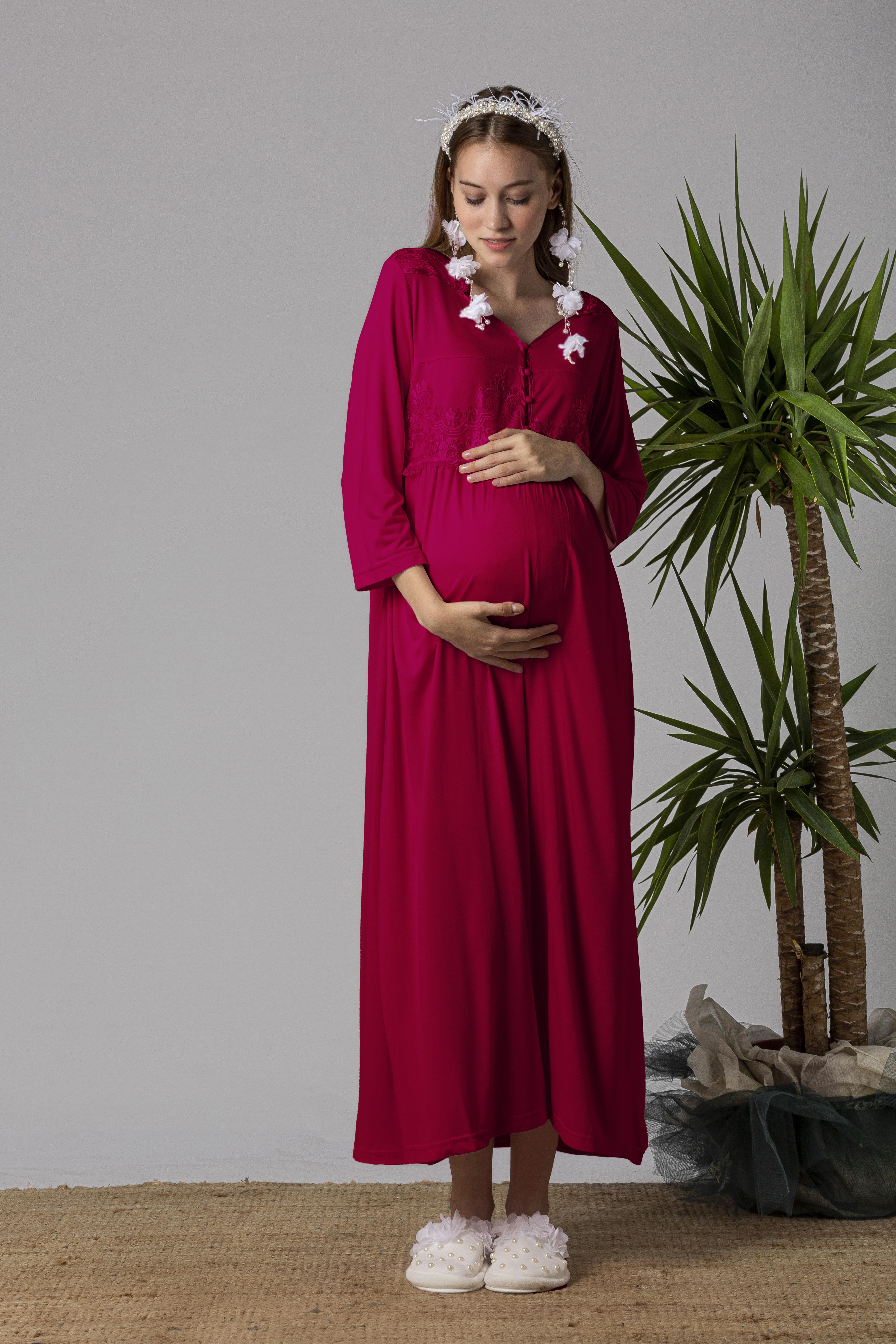 Effortt 23012 Vişne Dantelli Hamile Lohusa Gecelik