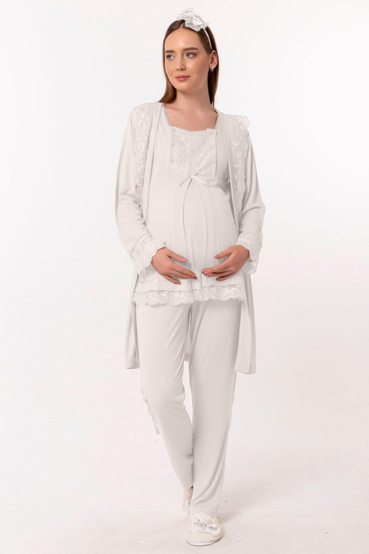 Effortt 23044 Ekru Sabahlıklı Hamile Lohusa Pijama Takımı