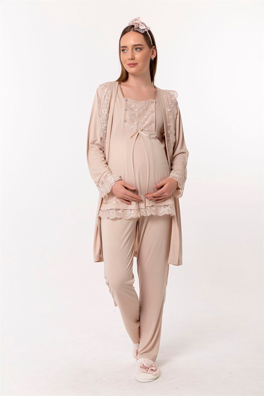 Effortt 23044 Kahverengi Sabahlıklı Hamile Lohusa Pijama Takımı