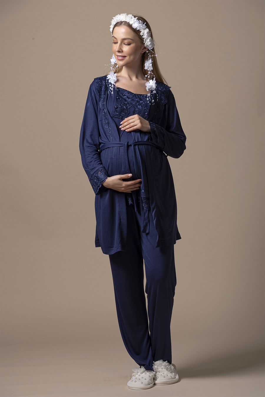 Effortt 23044 Lacivert Sabahlıklı Hamile Lohusa Pijama Takımı