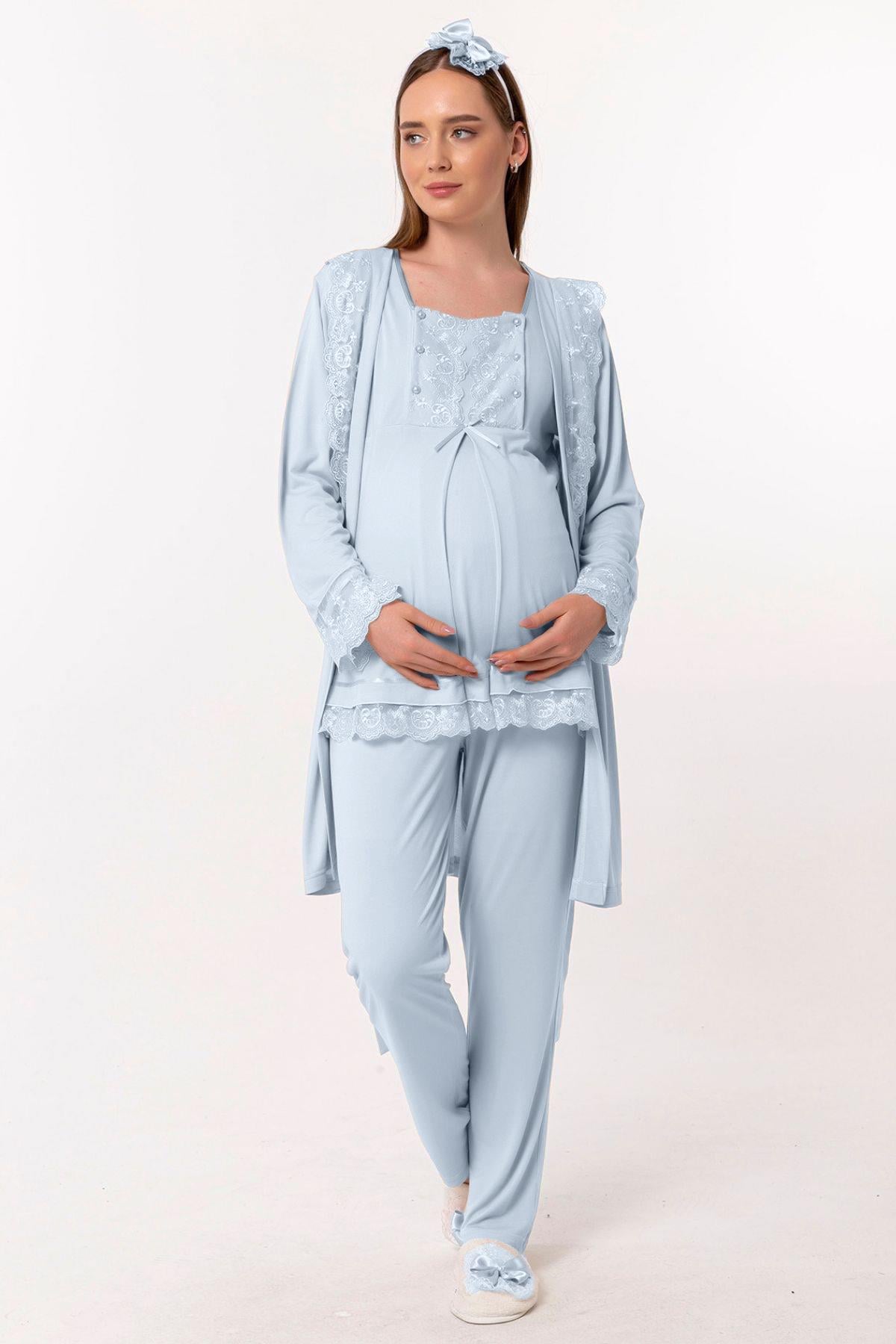Effortt 23044 Mavi Sabahlıklı Hamile Lohusa Pijama Takımı