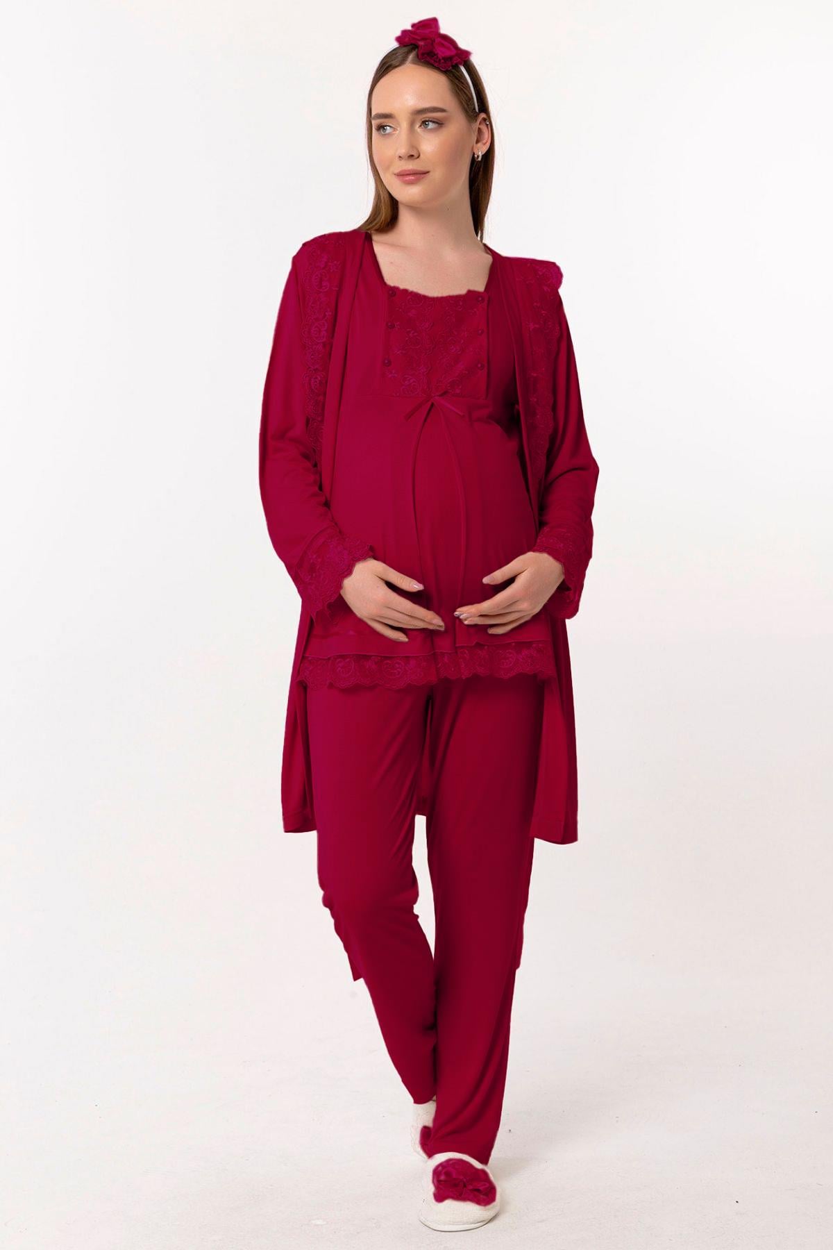 Effortt 23044 Vişne Sabahlıklı Hamile Lohusa Pijama Takımı