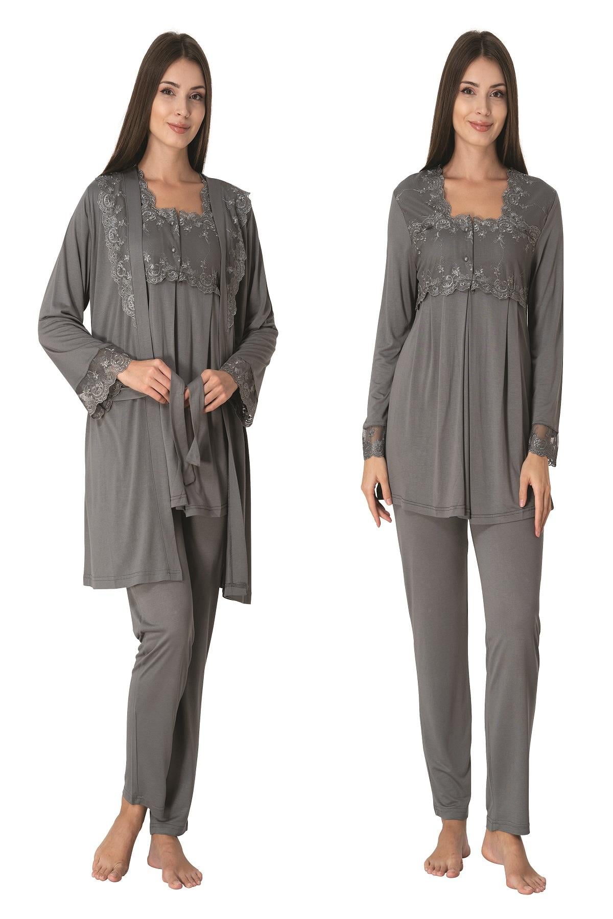 Effortt 2401 Füme Sabahlıklı Lohusa Pijama Takımı