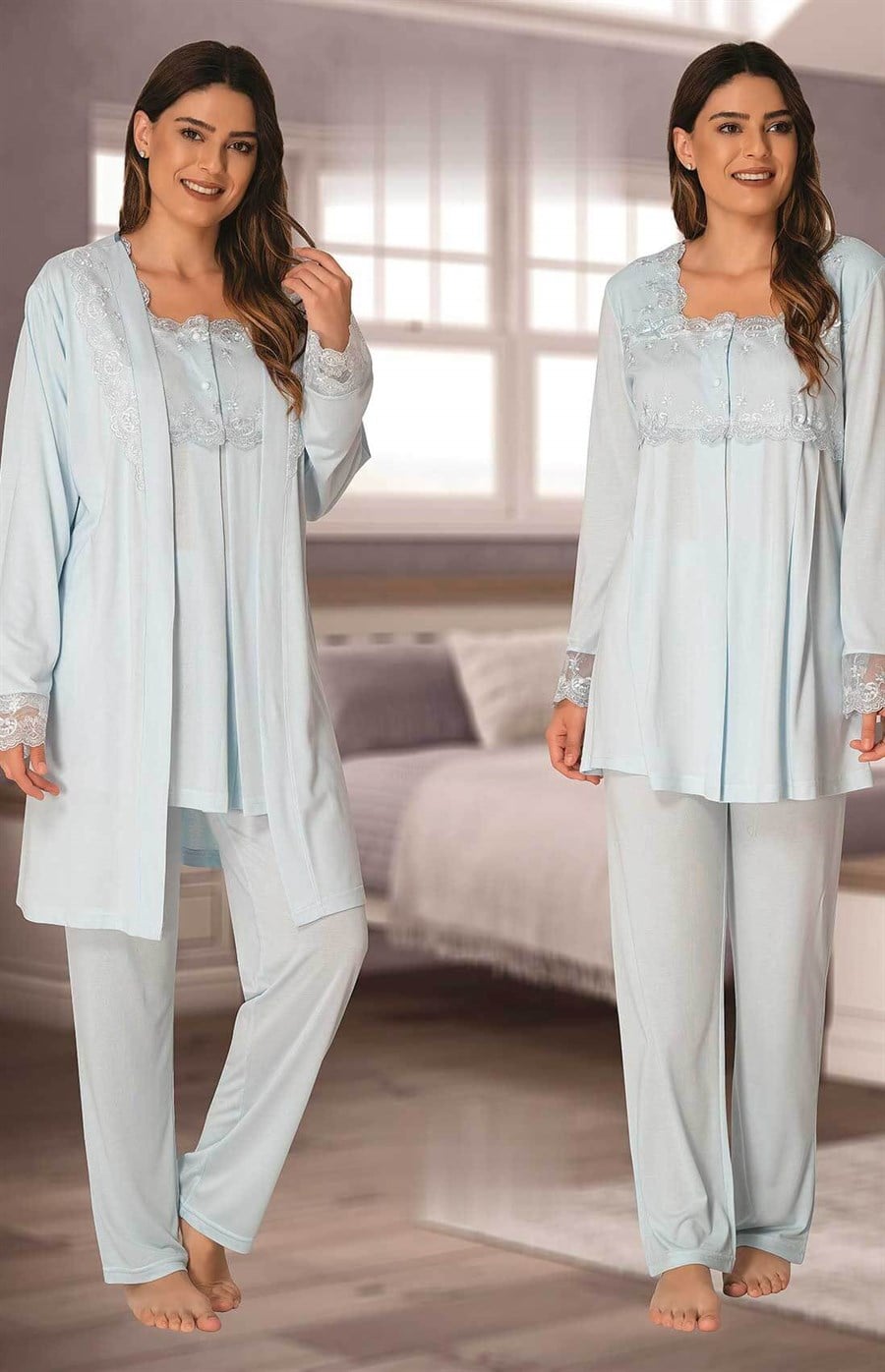 Effortt 2401 Mavi Sabahlıklı Lohusa Pijama Takımı