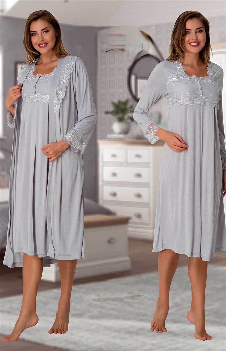 Effortt 2402 Gri Sabahlıklı Lohusa Gecelik Takım