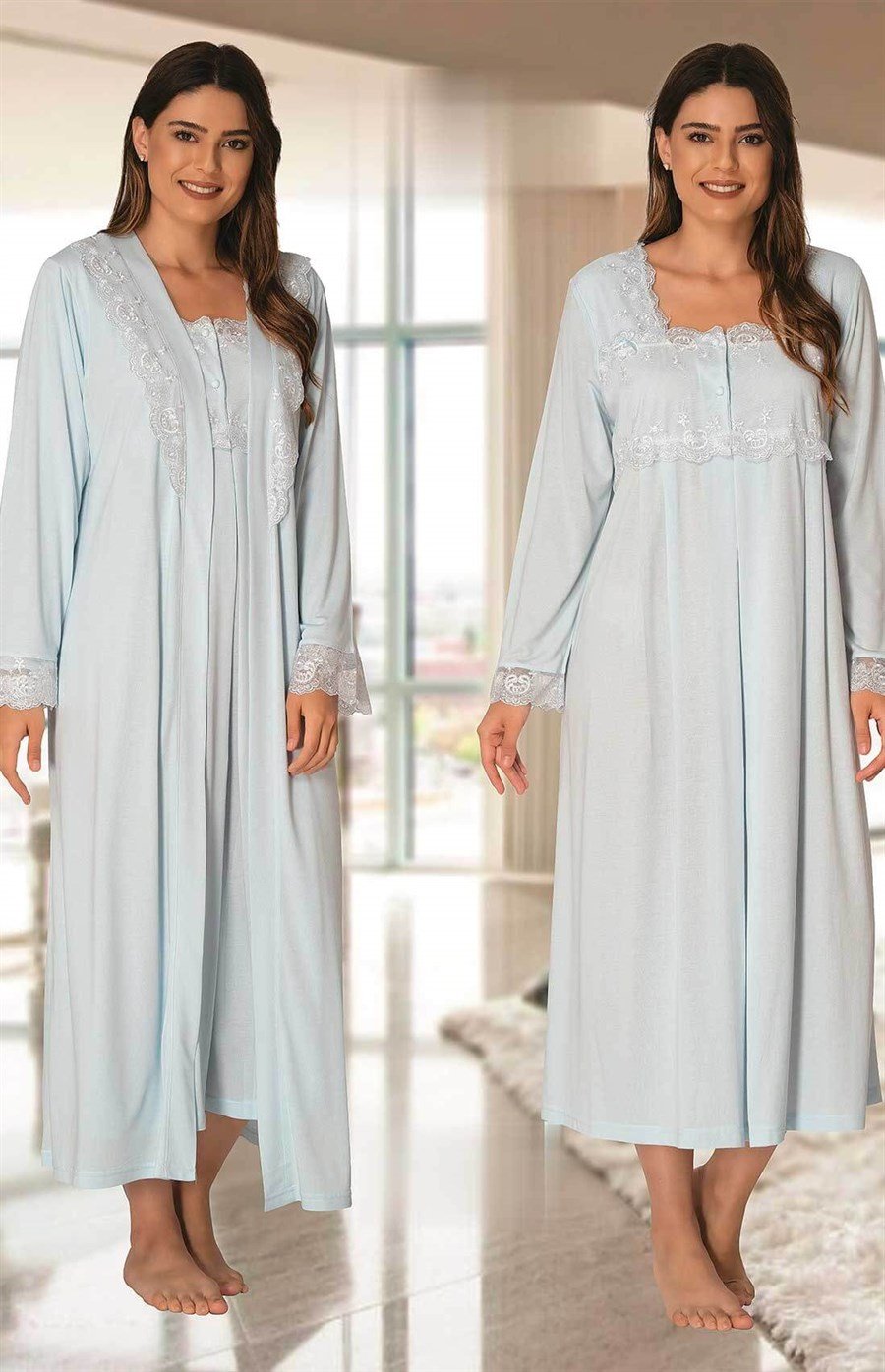 Effortt 2402 Mavi Sabahlıklı Lohusa Gecelik Takım