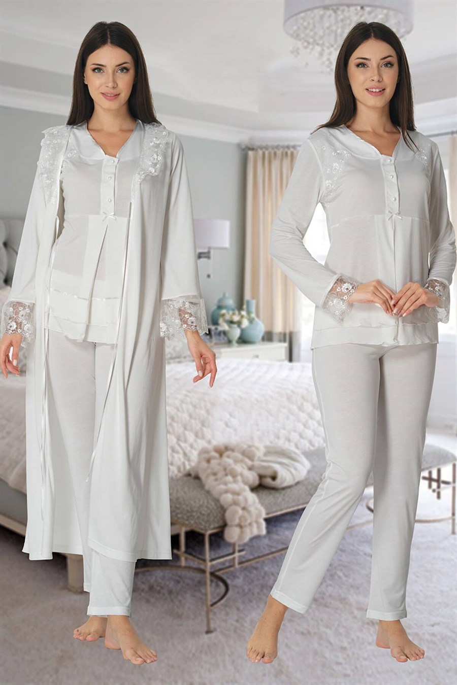 Effortt 2424 Ekru Sabahlıklı Lohusa Pijama Takımı