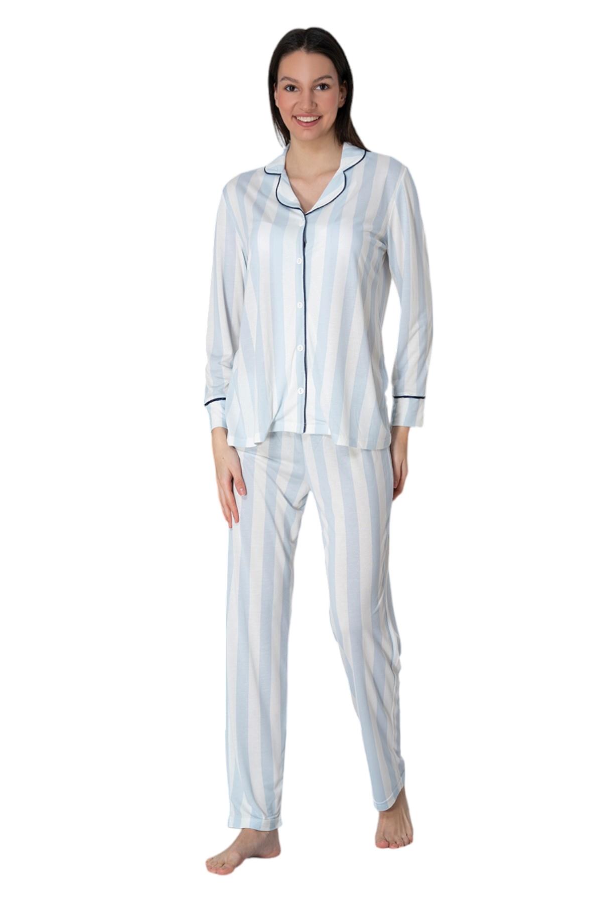 Effortt 2452 Mavi Önden Düğmeli Kadın Pijama Takımı