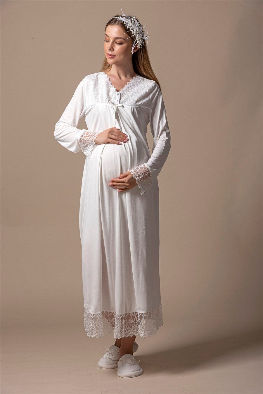 Effortt 27043 Ekru Dantelli Hamile Lohusa Gecelik