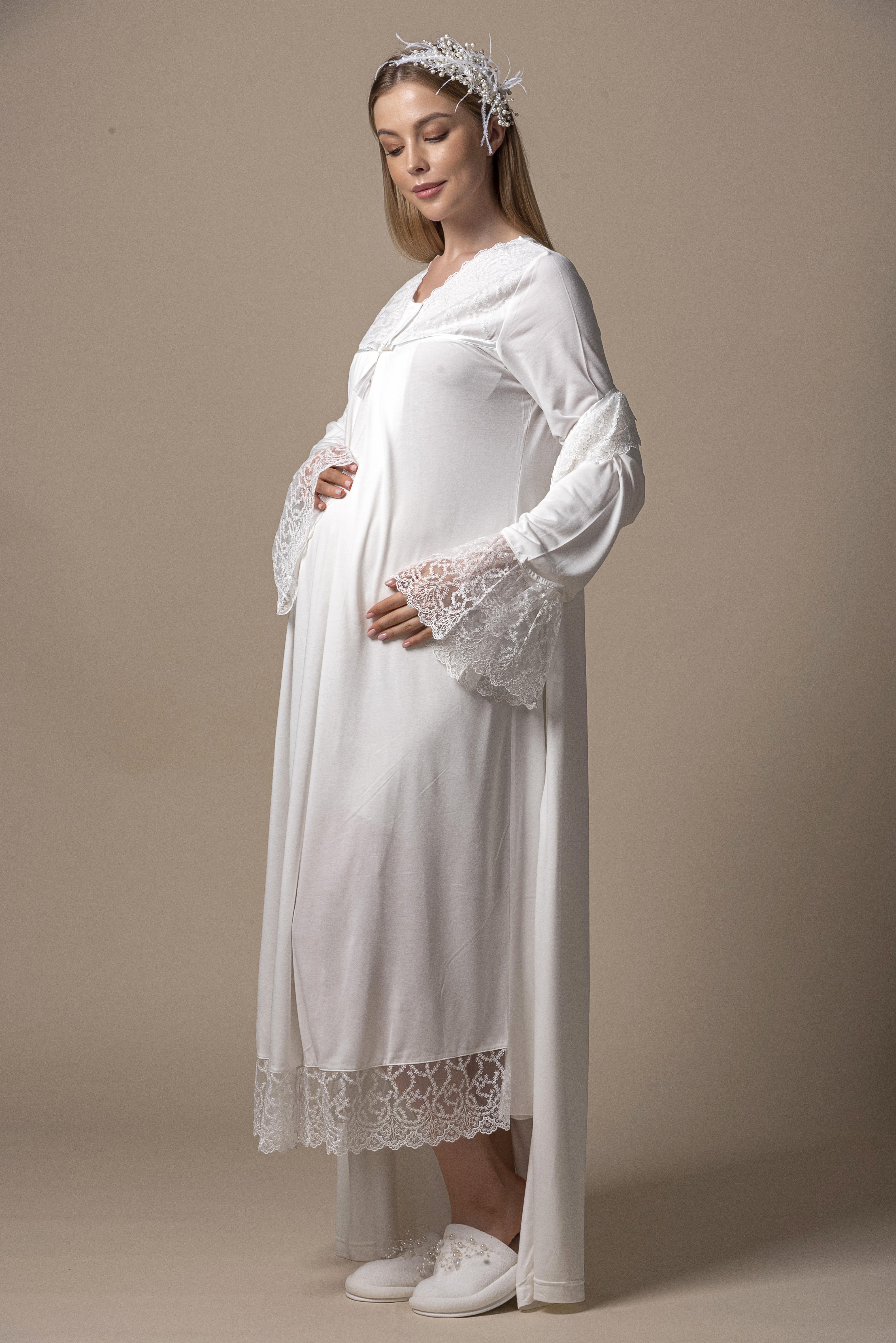 Effortt 27045 Ekru Sabahlıklı Hamile Lohusa Gecelik Takım