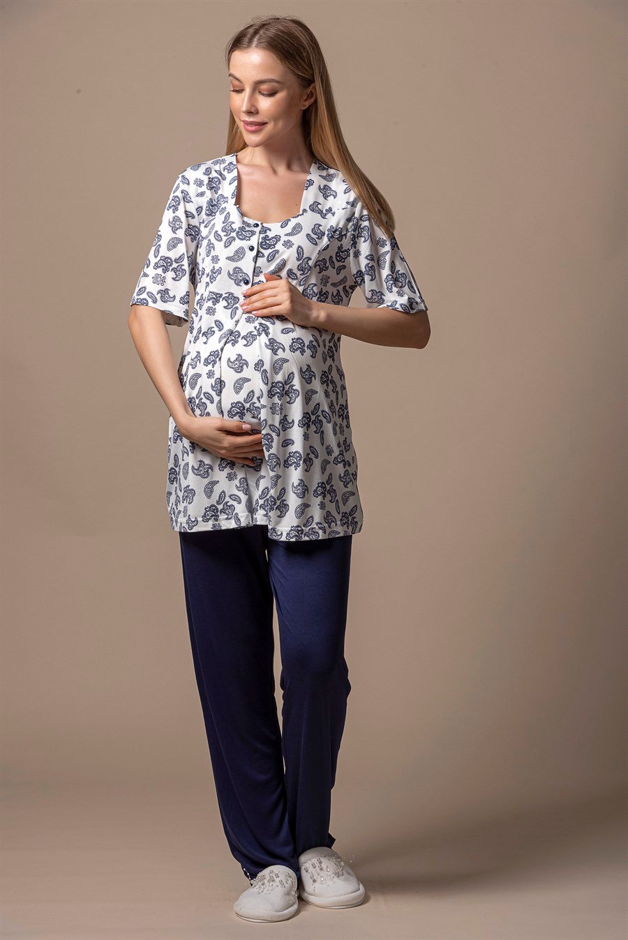 Effortt 28012 Lacivert Desenli Hamile Lohusa Pijama Takımı