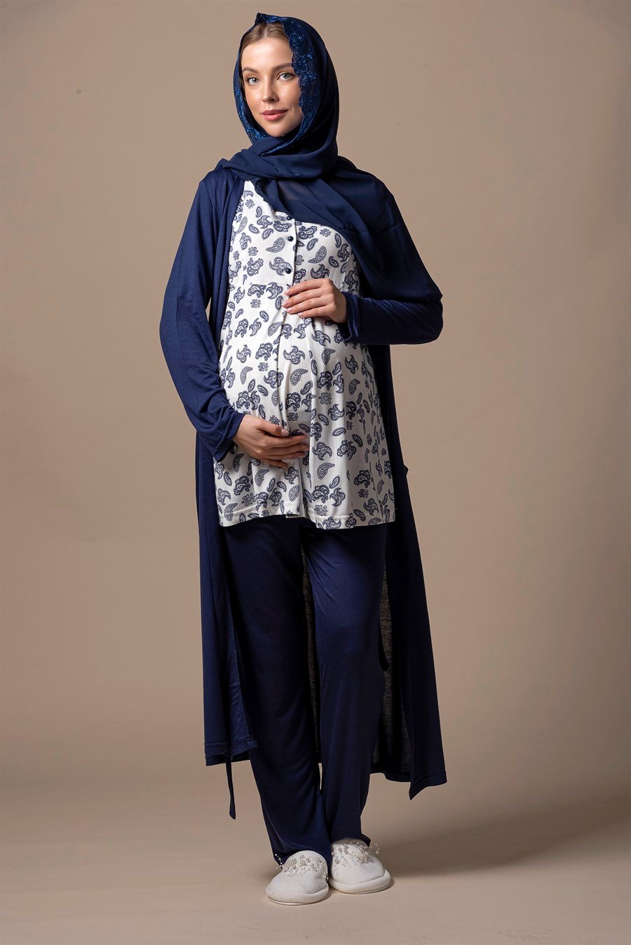 Effortt 28014 Lacivert Sabahlıklı Hamile Lohusa Pijama Takımı