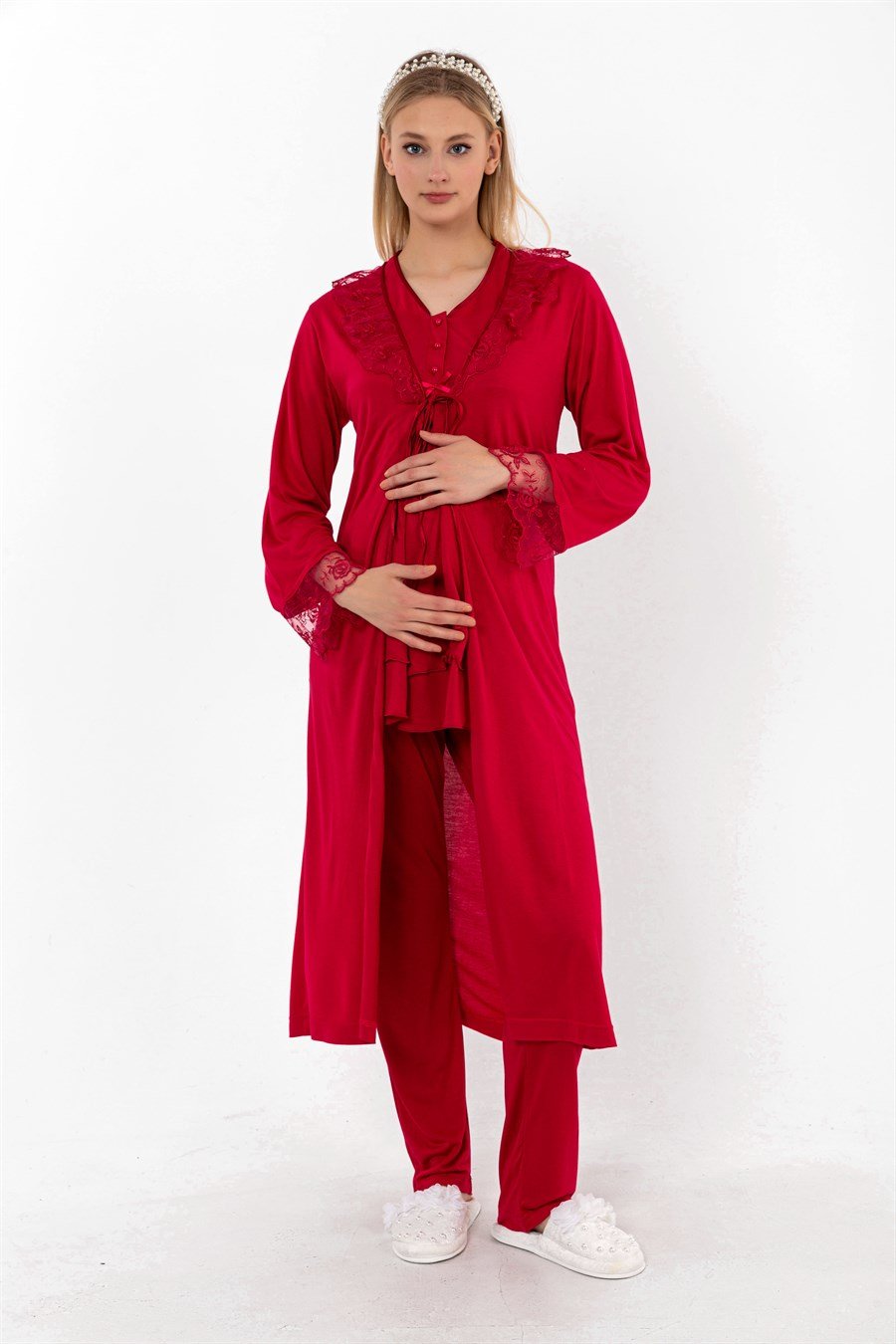 Effortt 28024 Vişne Sabahlıklı Hamile Lohusa Pijama Takımı