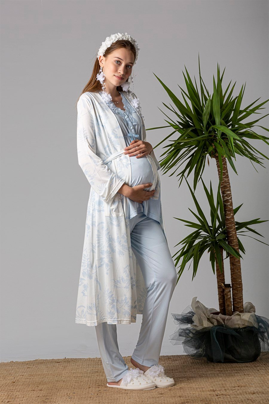 Effortt 28034 Mavi Sabahlıklı Hamile Lohusa Pijama Takımı