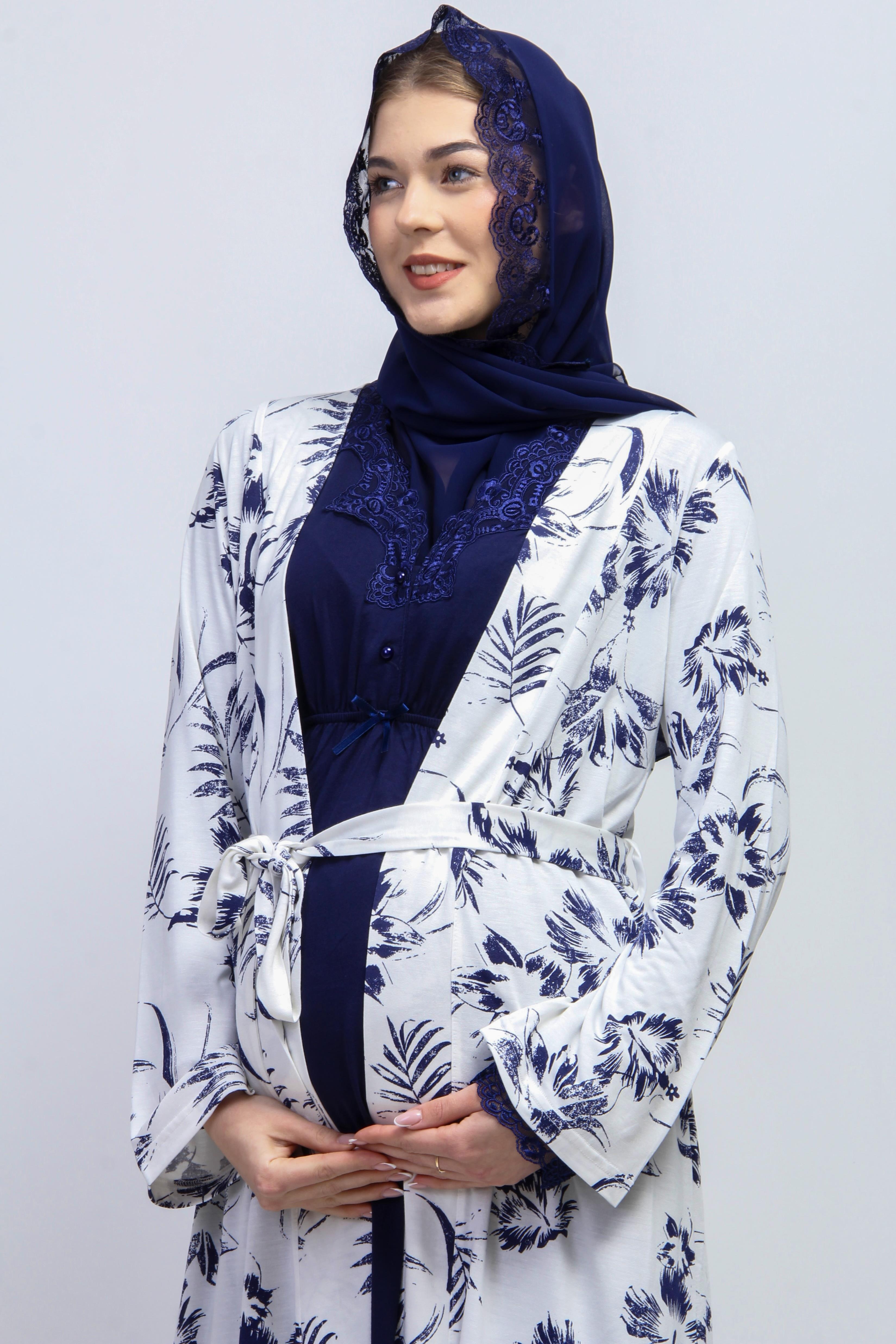 Effortt 28094 Lacivert Tesettürlü Sabahlıklı Lohusa Pijama Takımı