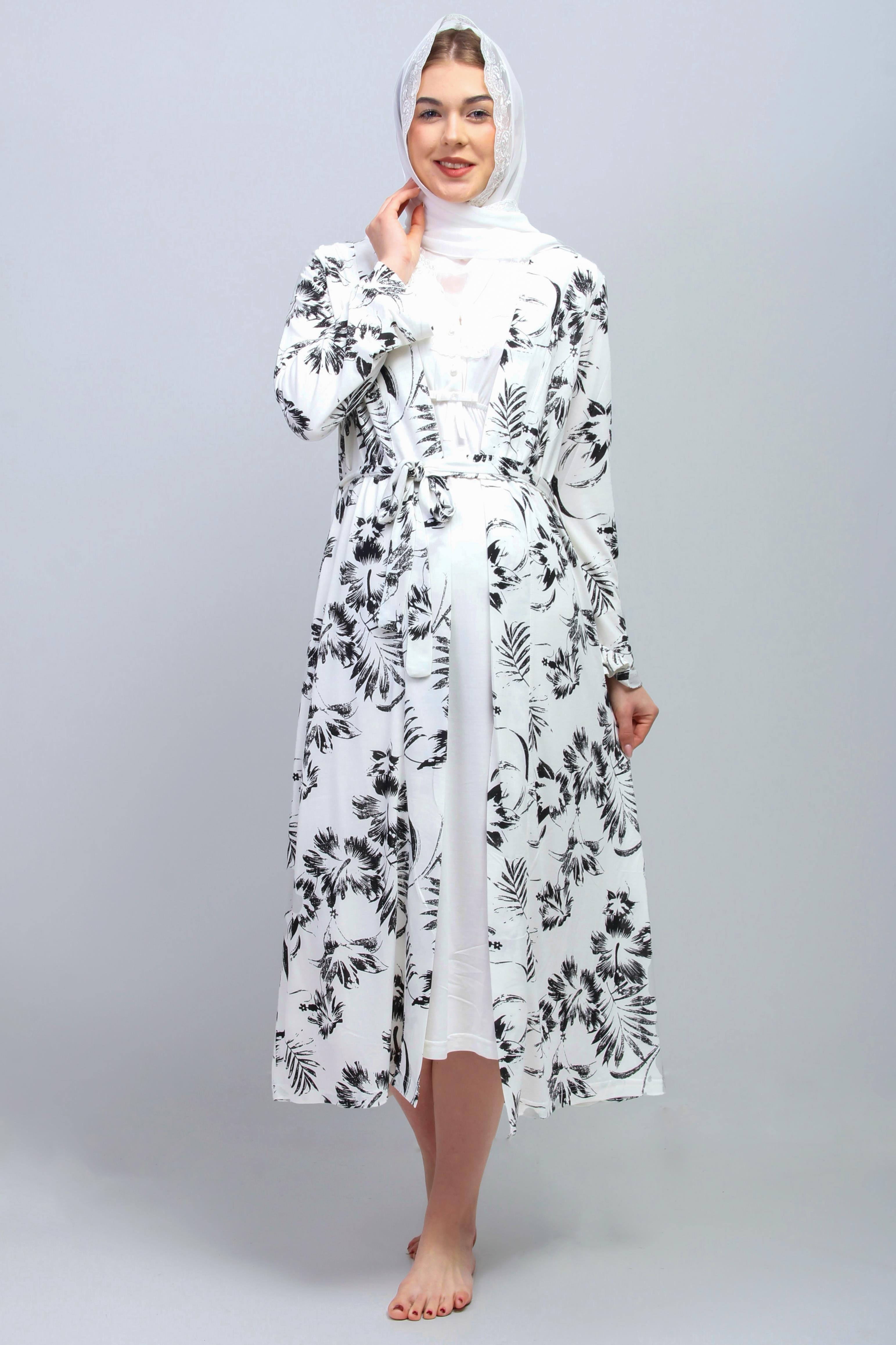 Effortt 28095 Ekru Tesettürlü Sabahlıklı Lohusa Gecelik Takım