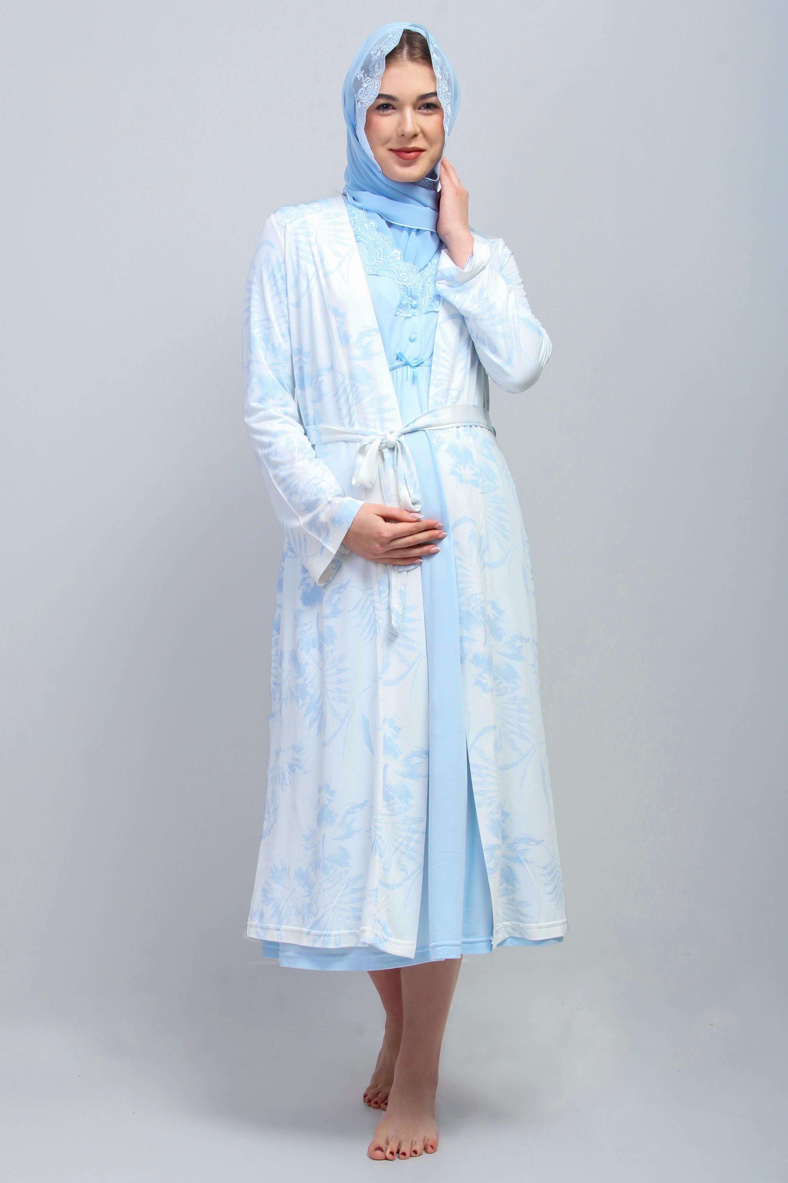 Effortt 28095 Mavi Tesettürlü Sabahlıklı Lohusa Gecelik Takım