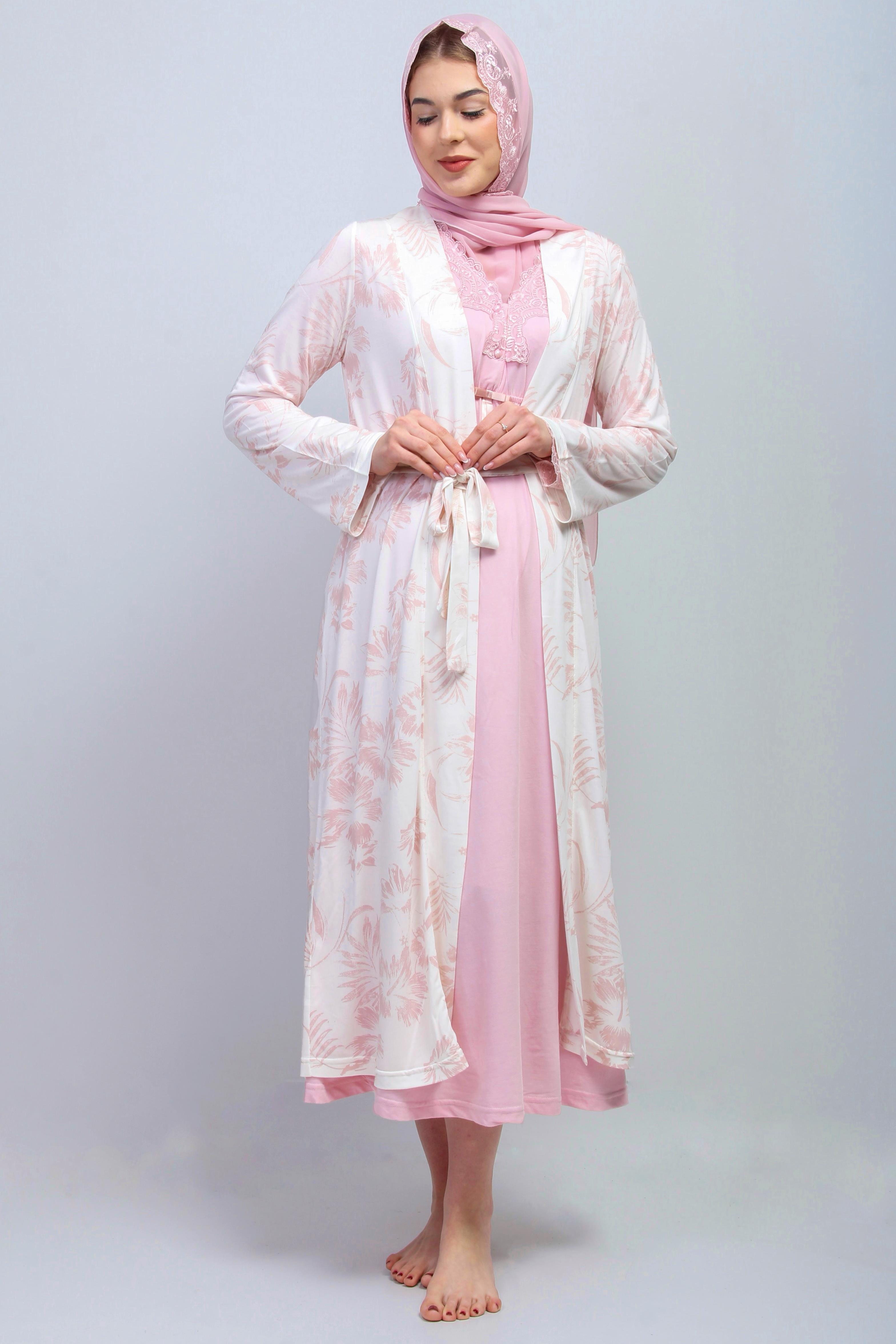 Effortt 28095 Pembe Tesettürlü Sabahlıklı Lohusa Gecelik Takım