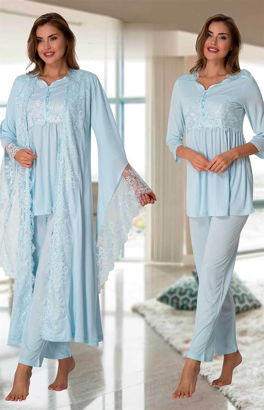 Effortt 3015 Mavi Sabahlıklı Lohusa Pijama Takımı