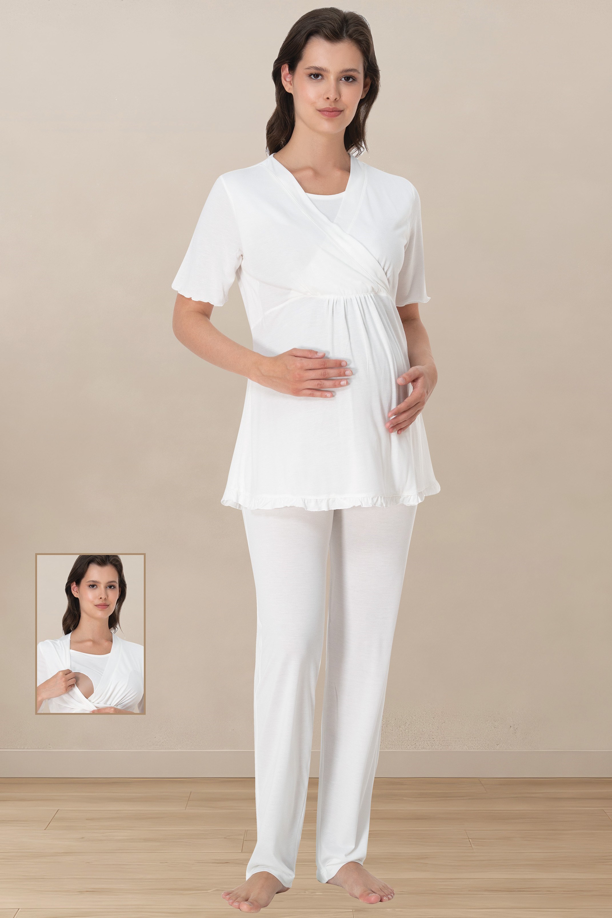 Effortt 3032 Ekru Kısa Kol Pamuklu Emzirme Detaylı Hamile Lohusa Pijama Takımı