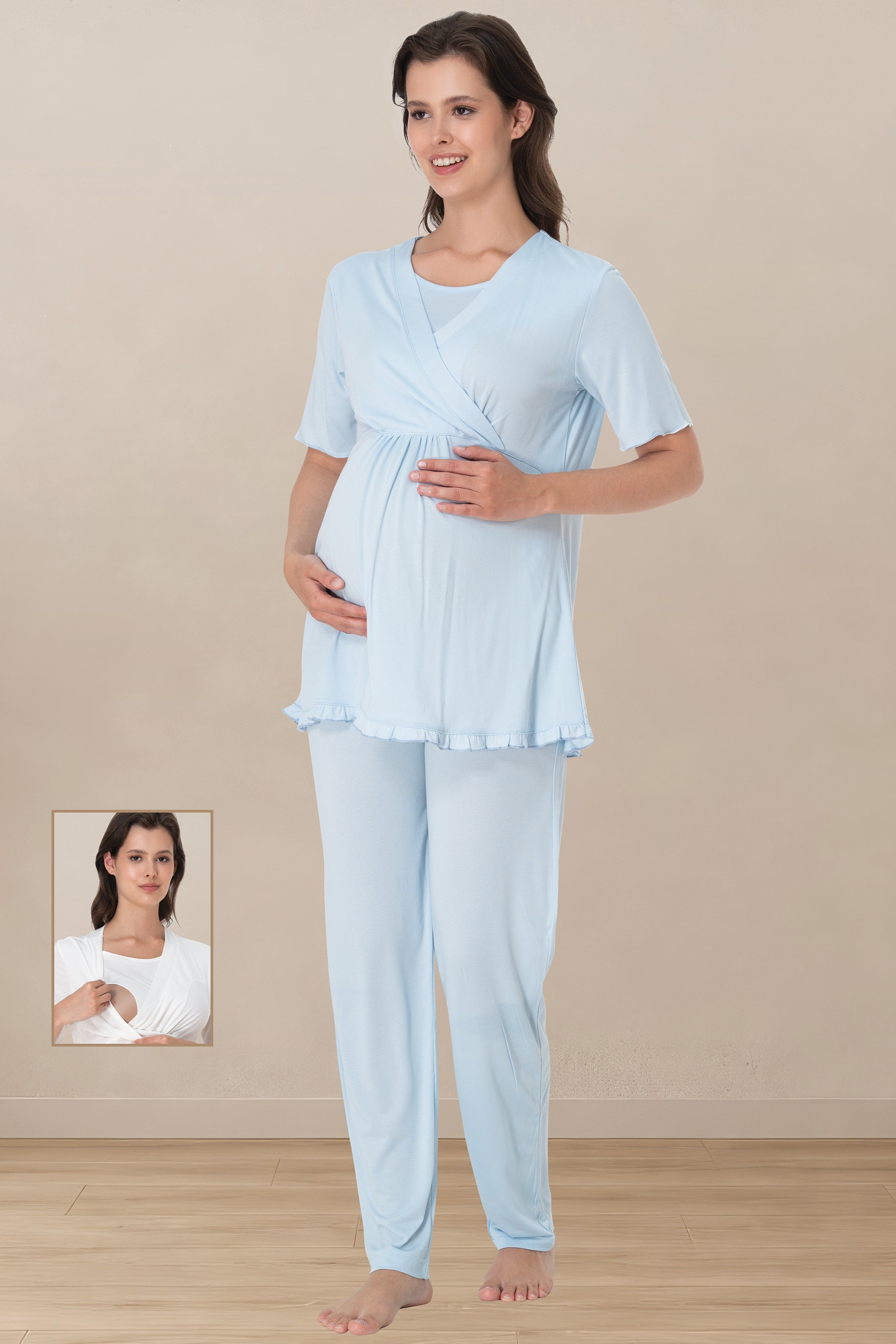 Effortt 3032 Mavi Kısa Kol Pamuklu Emzirme Detaylı Hamile Lohusa Pijama Takımı