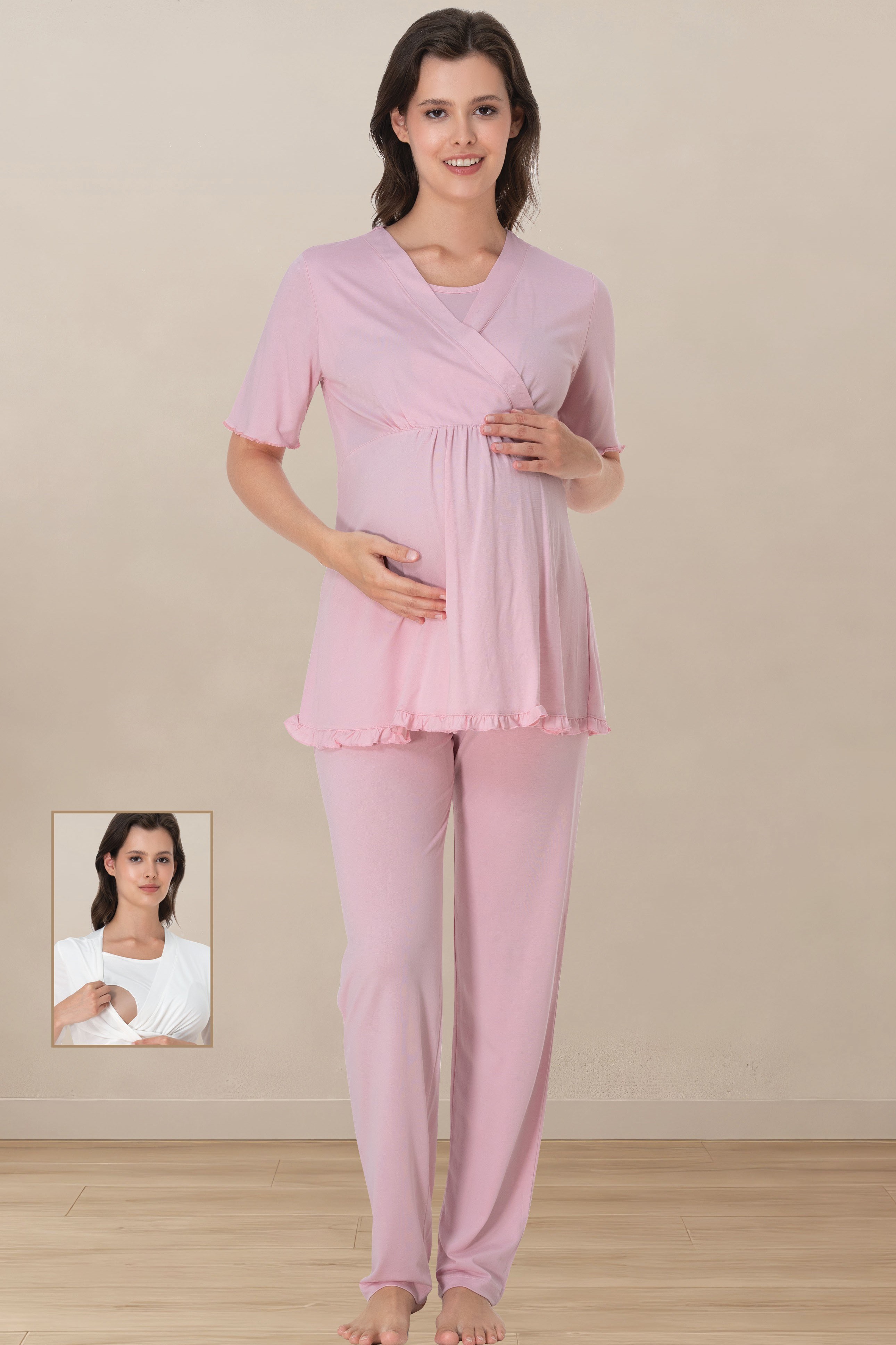 Effortt 3032 Pembe Kısa Kol Pamuklu Emzirme Detaylı Hamile Lohusa Pijama Takımı