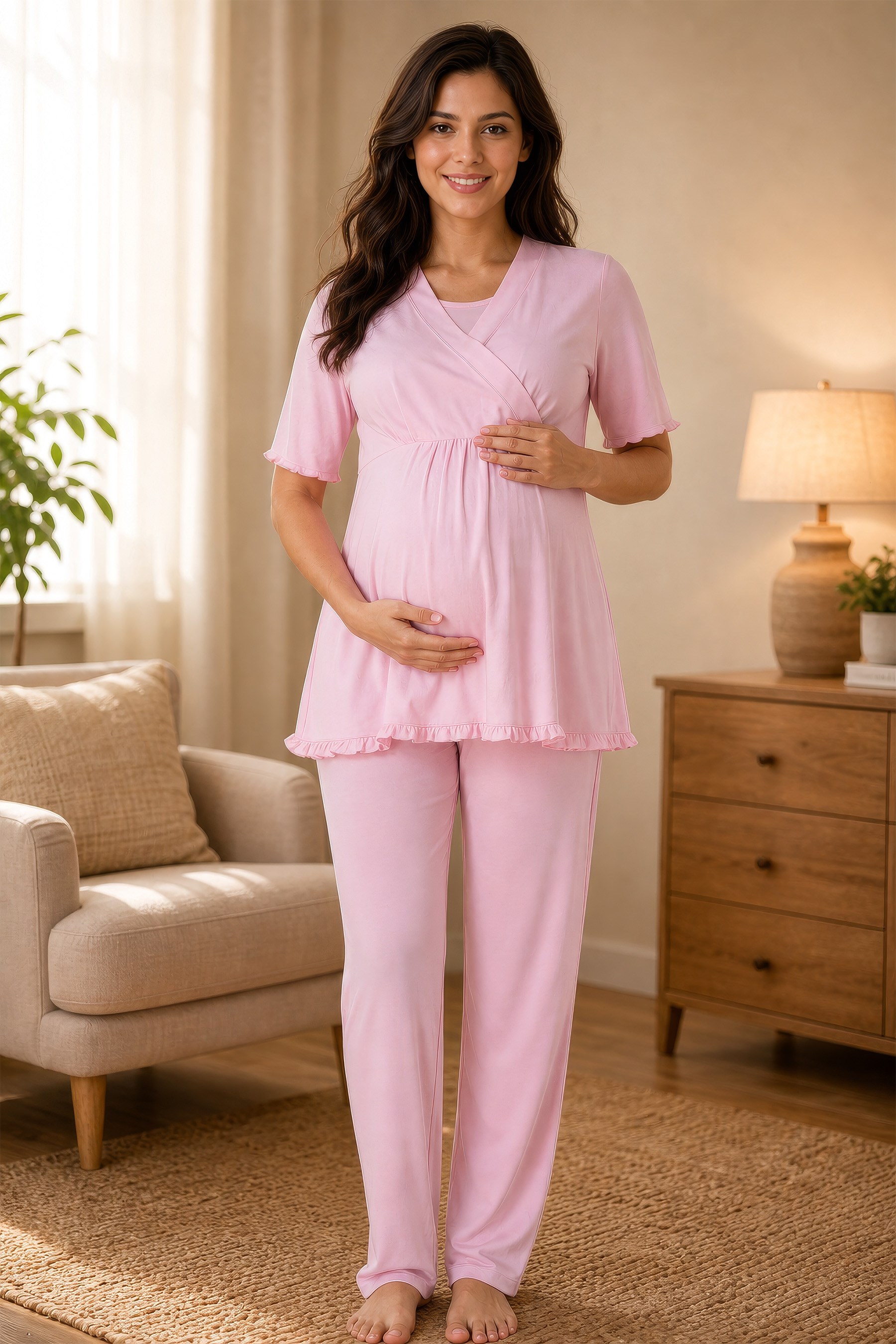 Effortt 3032 Pembe Kısa Kol Pamuklu Emzirme Detaylı Hamile Lohusa Pijama Takımı