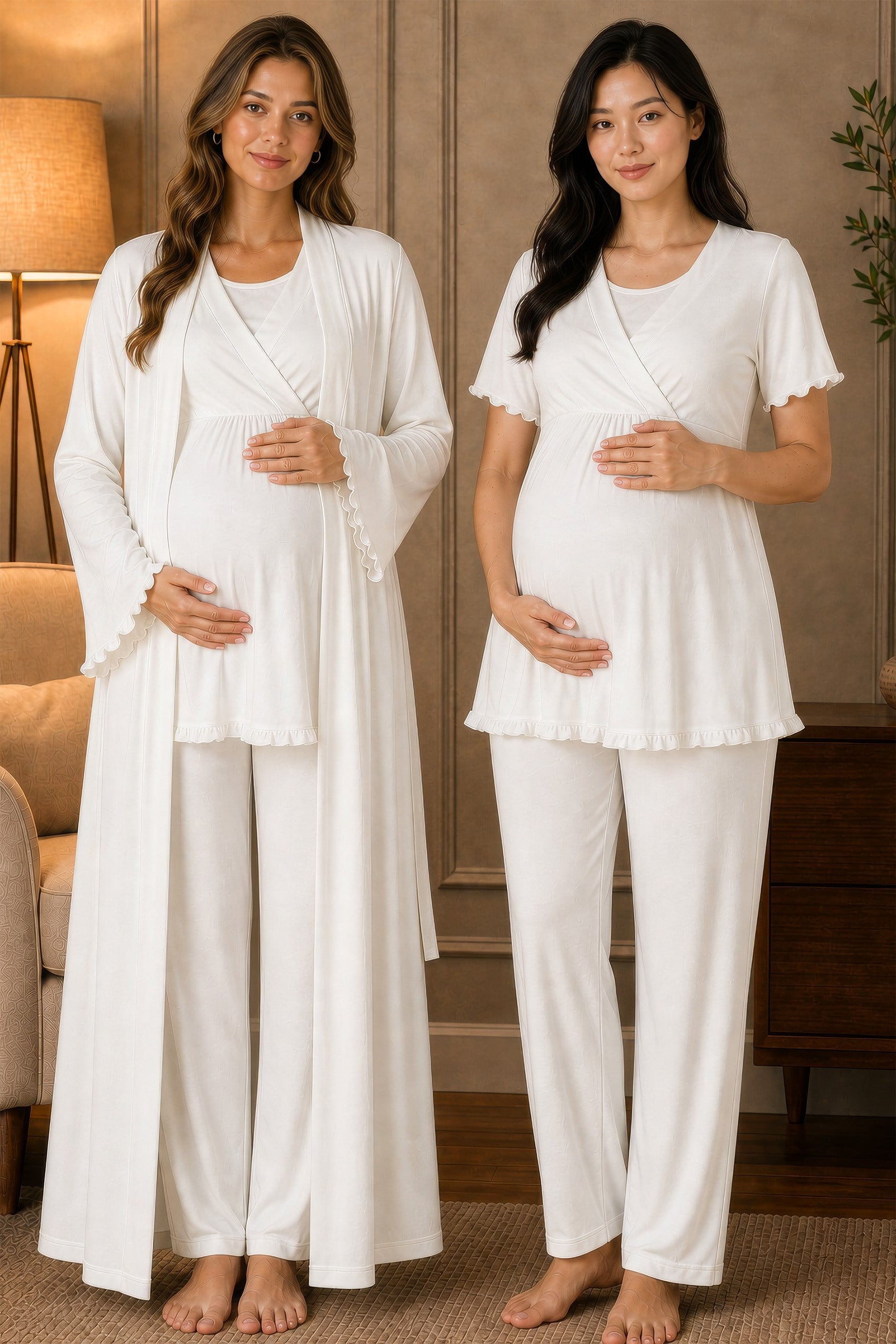 Effortt 3034 Ekru Yumuşak Dokulu Pamuklu Sabahlıklı Hamile Lohusa Pijama Takımı