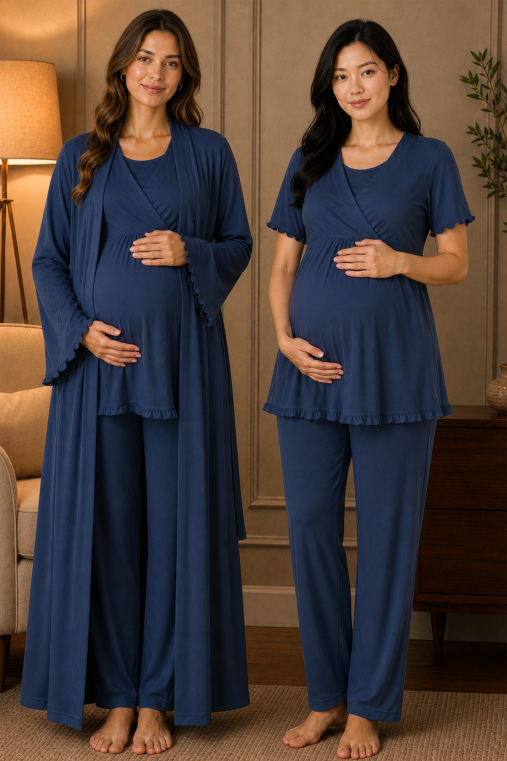 Effortt 3034 İndigo Yumuşak Dokulu Pamuklu Sabahlıklı Hamile Lohusa Pijama Takımı