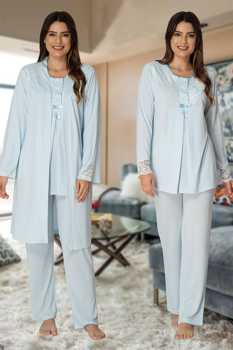 Effortt 3040 Mavi Sabahlıklı Lohusa Pijama Takımı