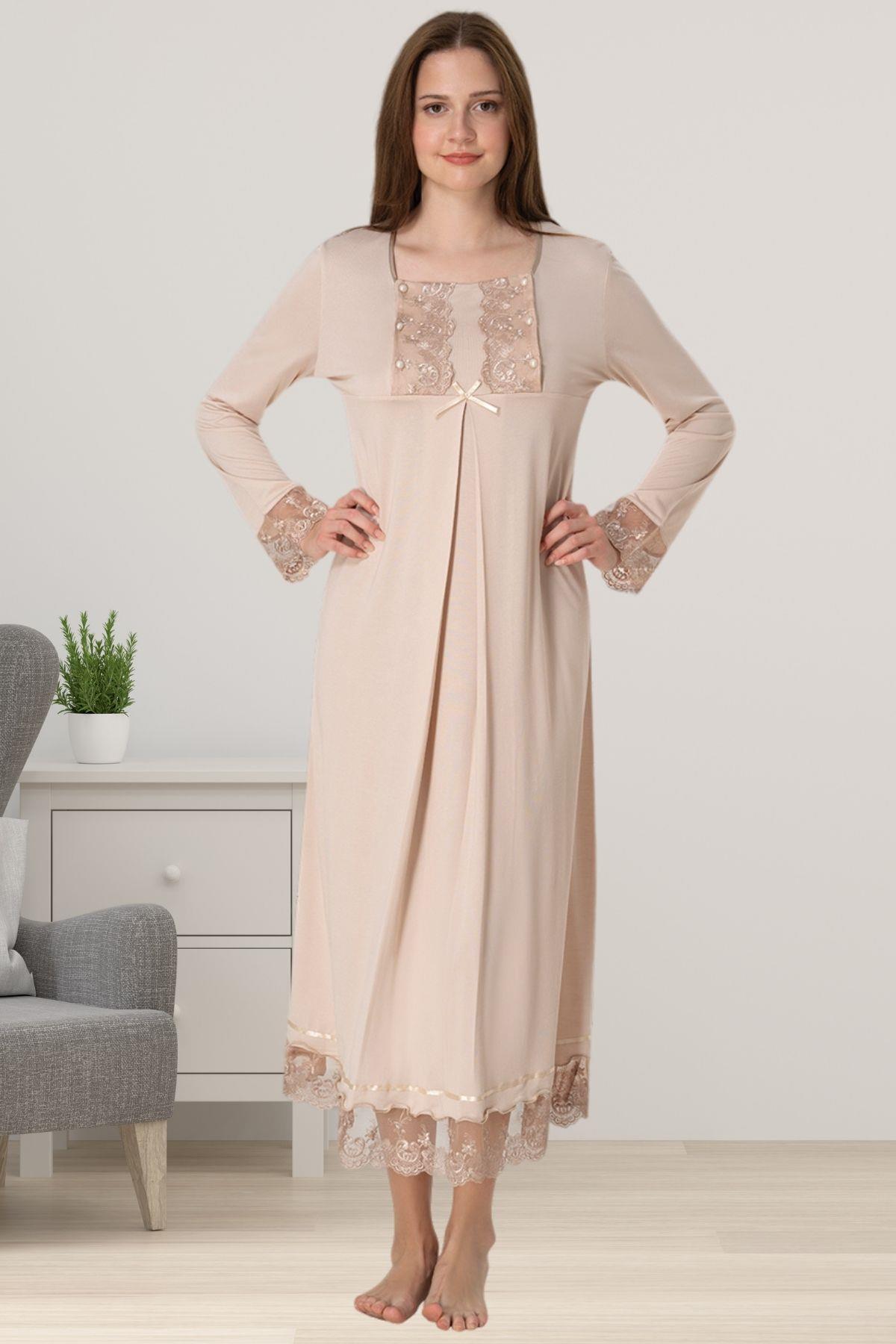 Effortt 3043 Kahverengi Dantelli Hamile Lohusa Gecelik