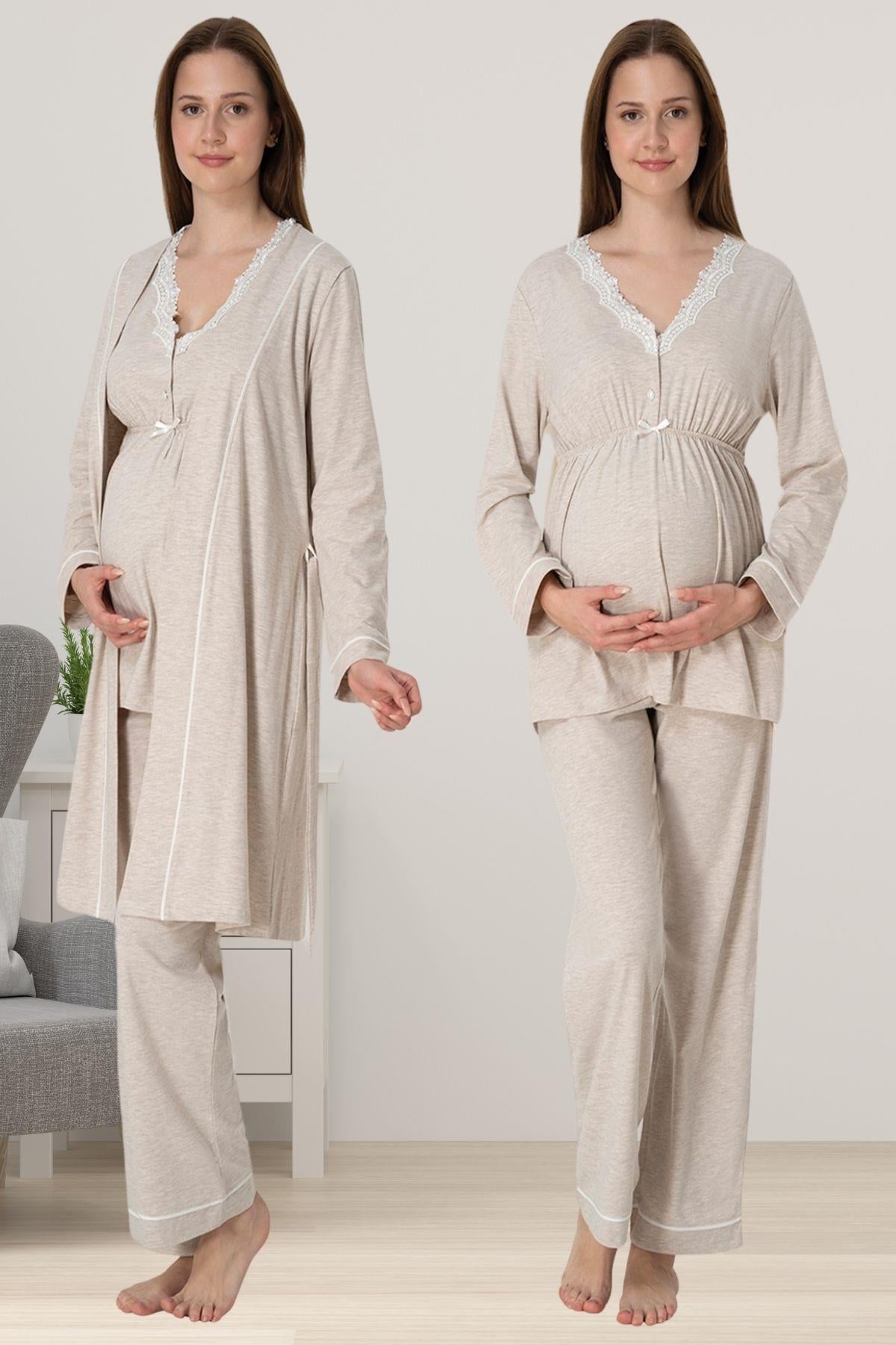 Effortt 3054 Bej Sabahlıklı Hamile Lohusa Pijama Takımı