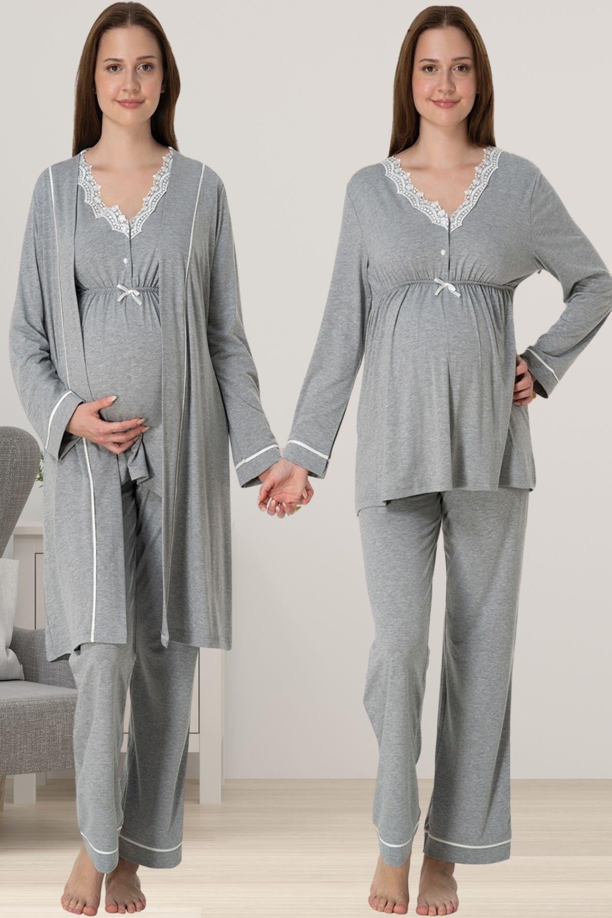 Effortt 3054 Gri Melanj Sabahlıklı Hamile Lohusa Pijama Takımı