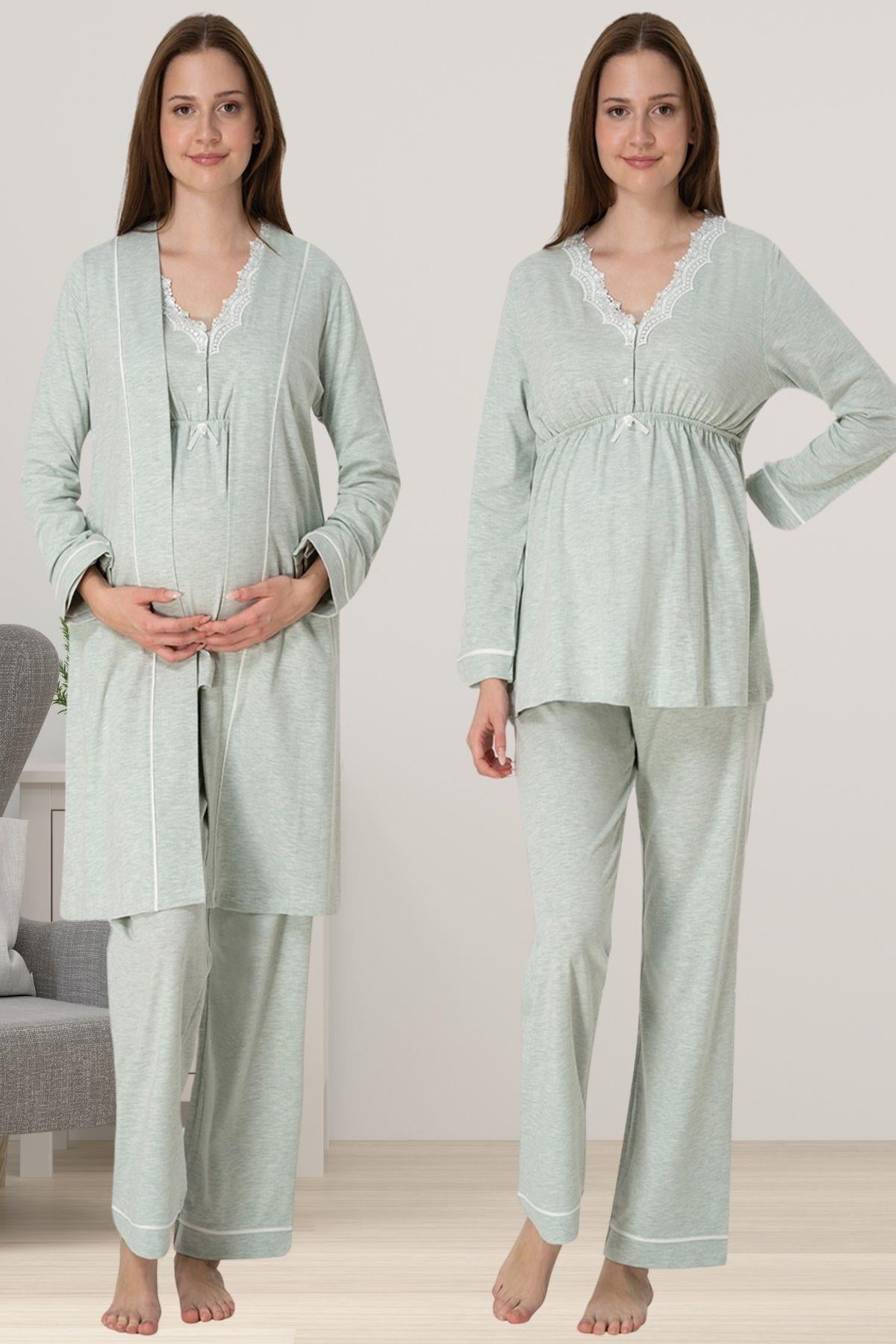 Effortt 3054 Yeşil Sabahlıklı Hamile Lohusa Pijama Takımı
