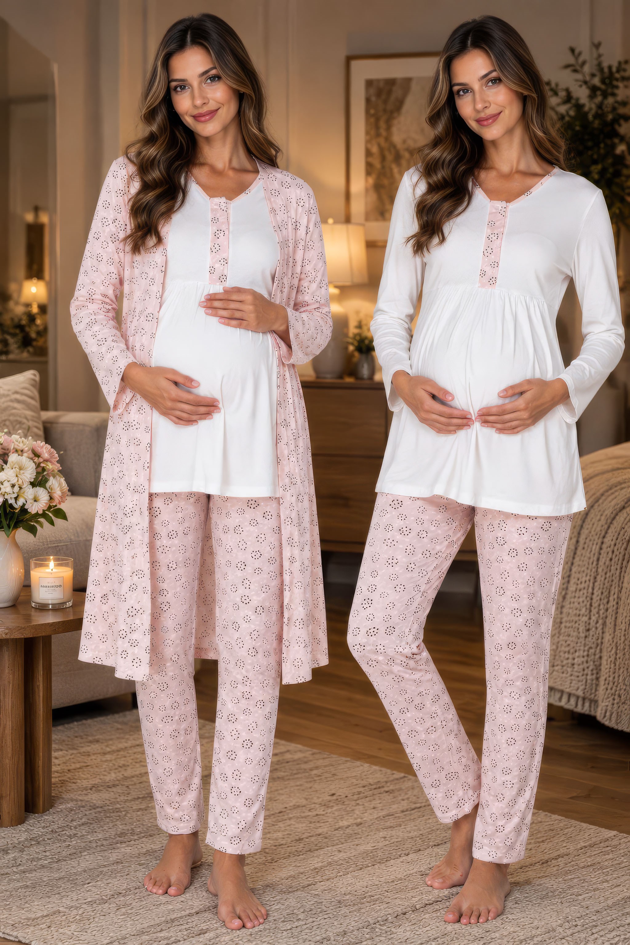 Effortt 3064 Pembe Ayarlanabilir Bel Lastikli Sabahlıklı Hamile Lohusa Pijama Takımı