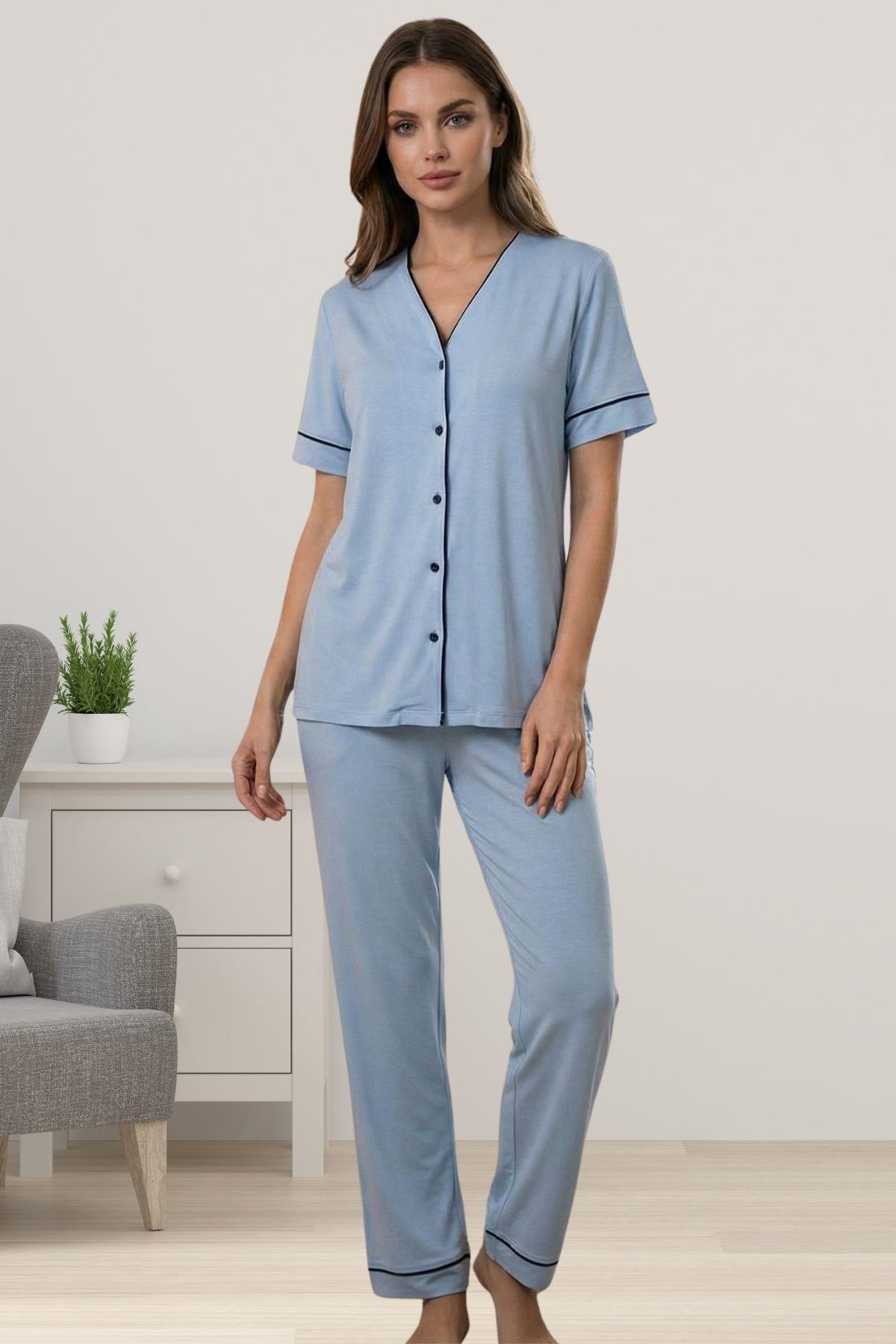 Effortt 3072 Pamuklu Kumaş Önden Düğmeli Rahat Kesim Hamile Lohusa Pijama Takımı - Mavi