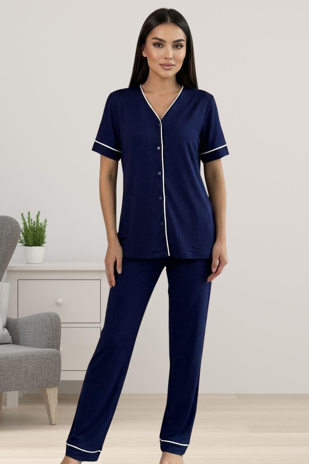 Effortt 3072 Pamuklu Kumaş Önden Düğmeli Rahat Kesim Hamile Lohusa Pijama Takımı - Lacivert