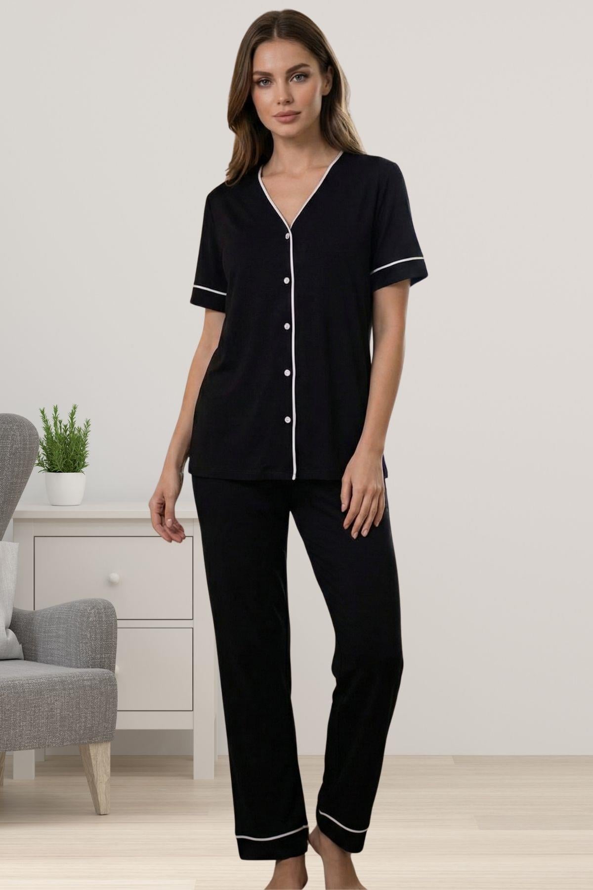 Effortt 3072 Pamuklu Kumaş Önden Düğmeli Rahat Kesim Hamile Lohusa Pijama Takımı - Siyah
