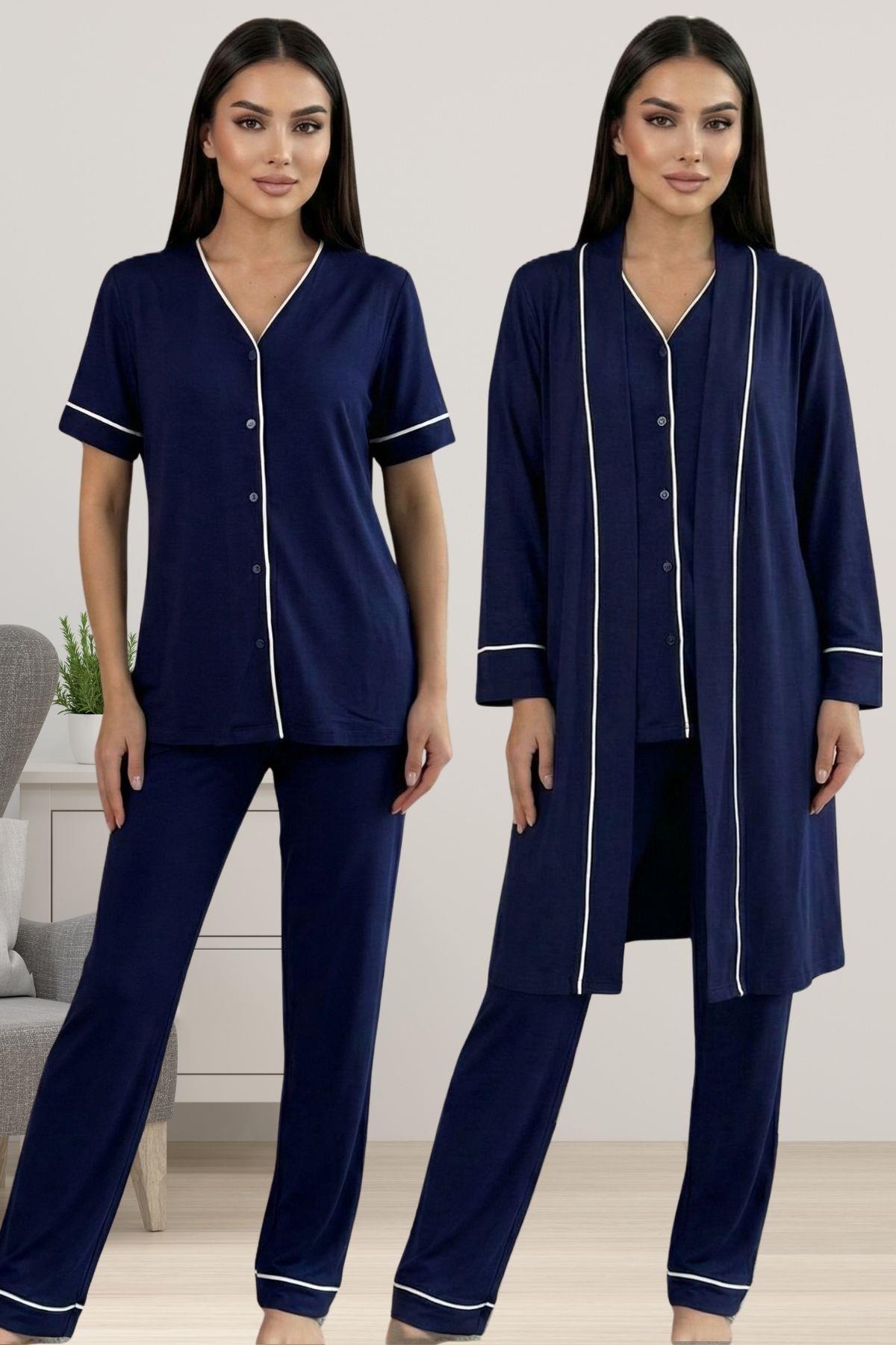 Effortt 3074 Rahat Kesim Sabahlıklı Hamile Lohusa Pijama Takımı - Lacivert