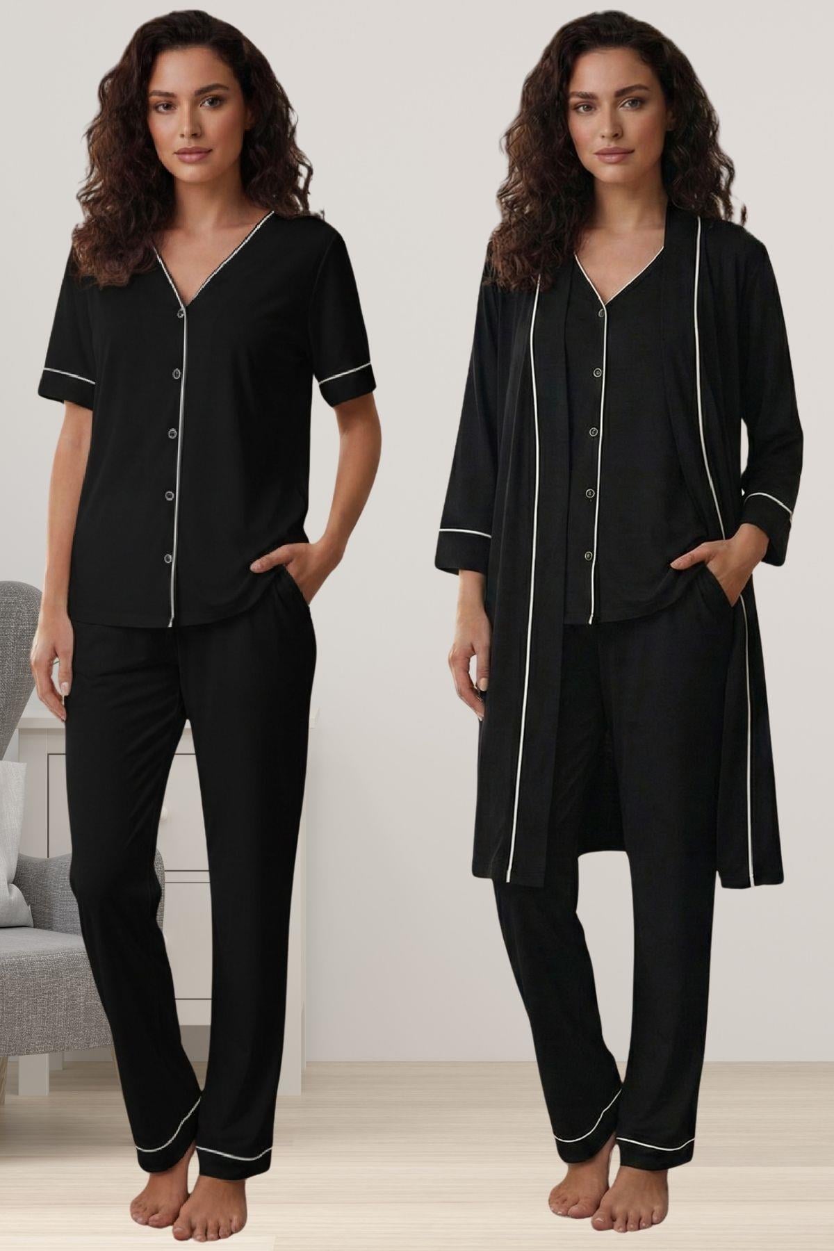 Effortt 3074 Rahat Kesim Sabahlıklı Hamile Lohusa Pijama Takımı - Siyah
