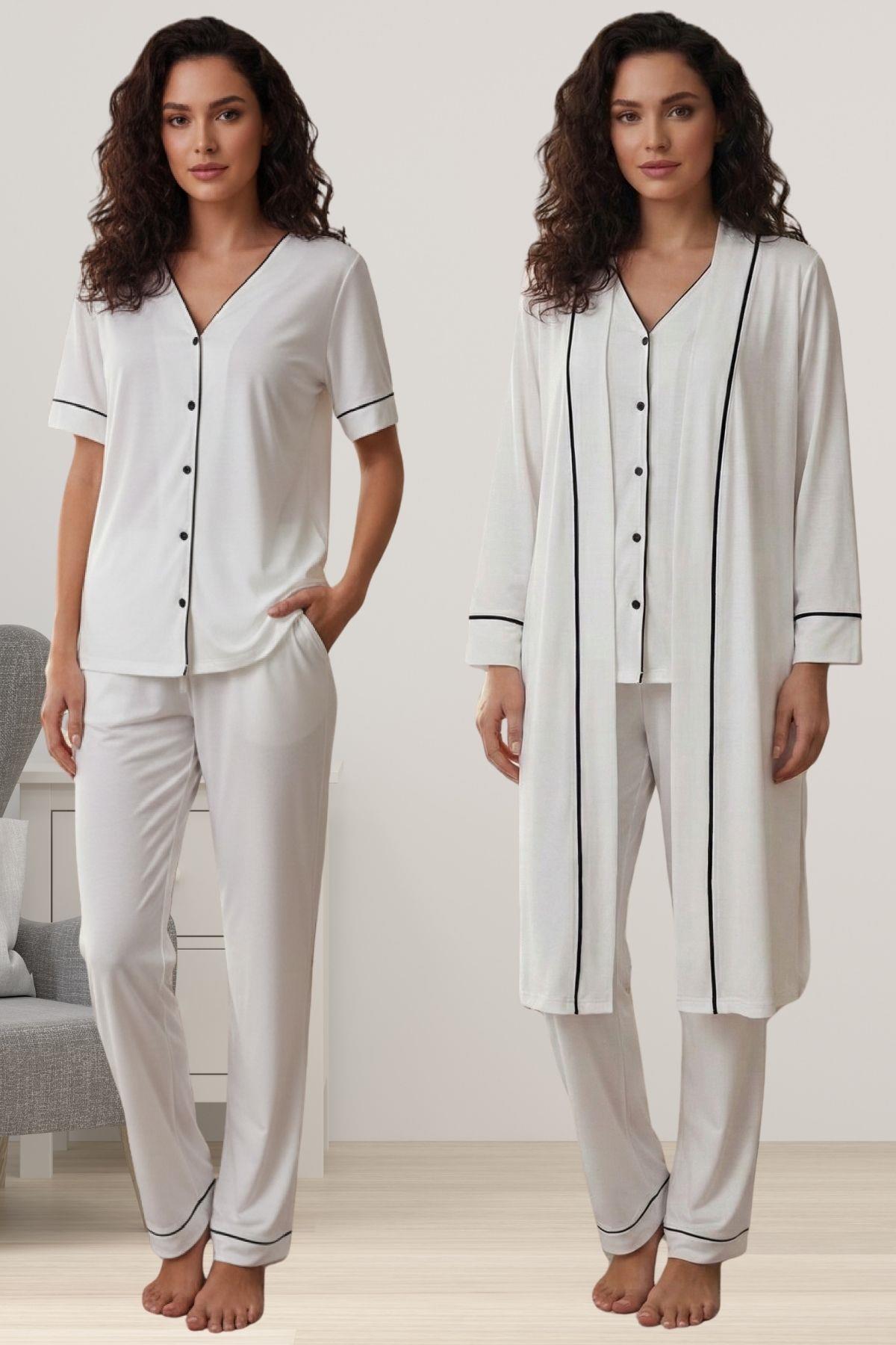 Effortt 3074 Rahat Kesim Sabahlıklı Hamile Lohusa Pijama Takımı - Ekru