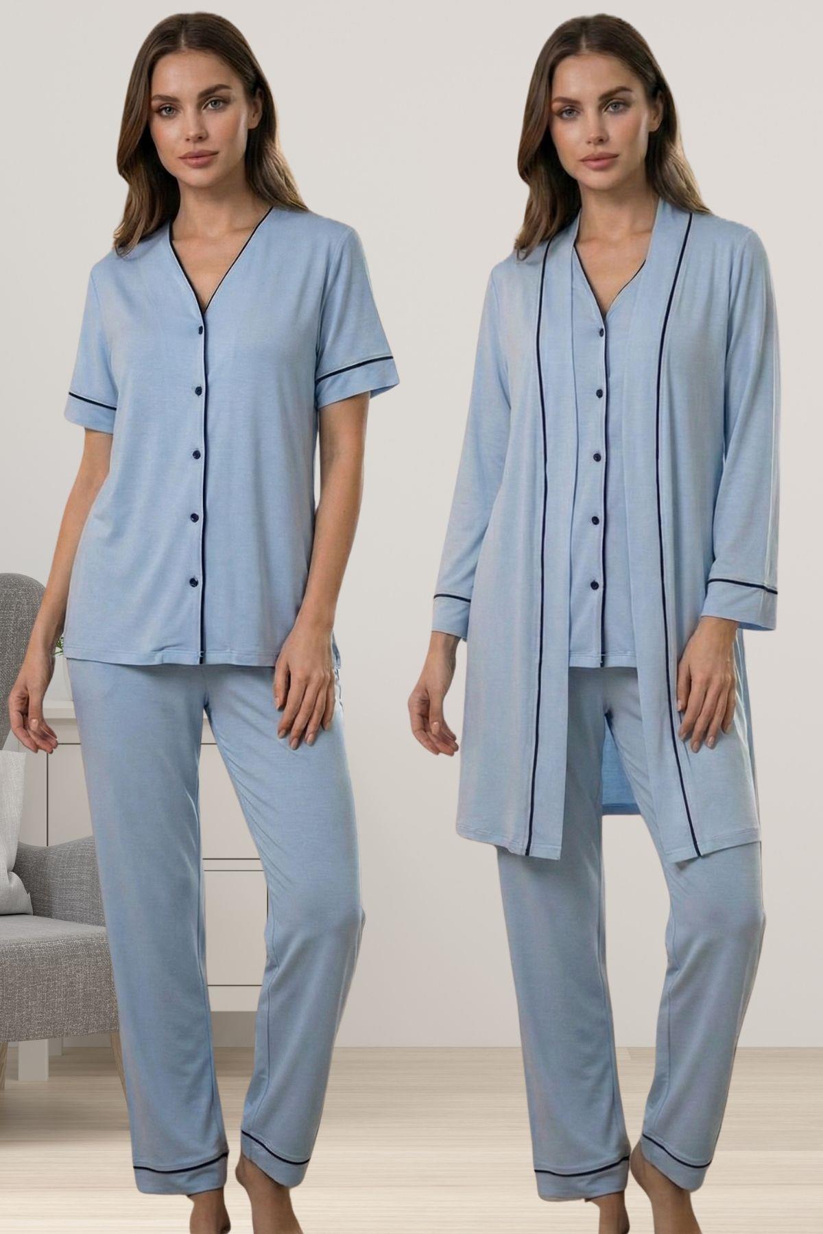 Effortt 3074 Rahat Kesim Sabahlıklı Hamile Lohusa Pijama Takımı - Mavi