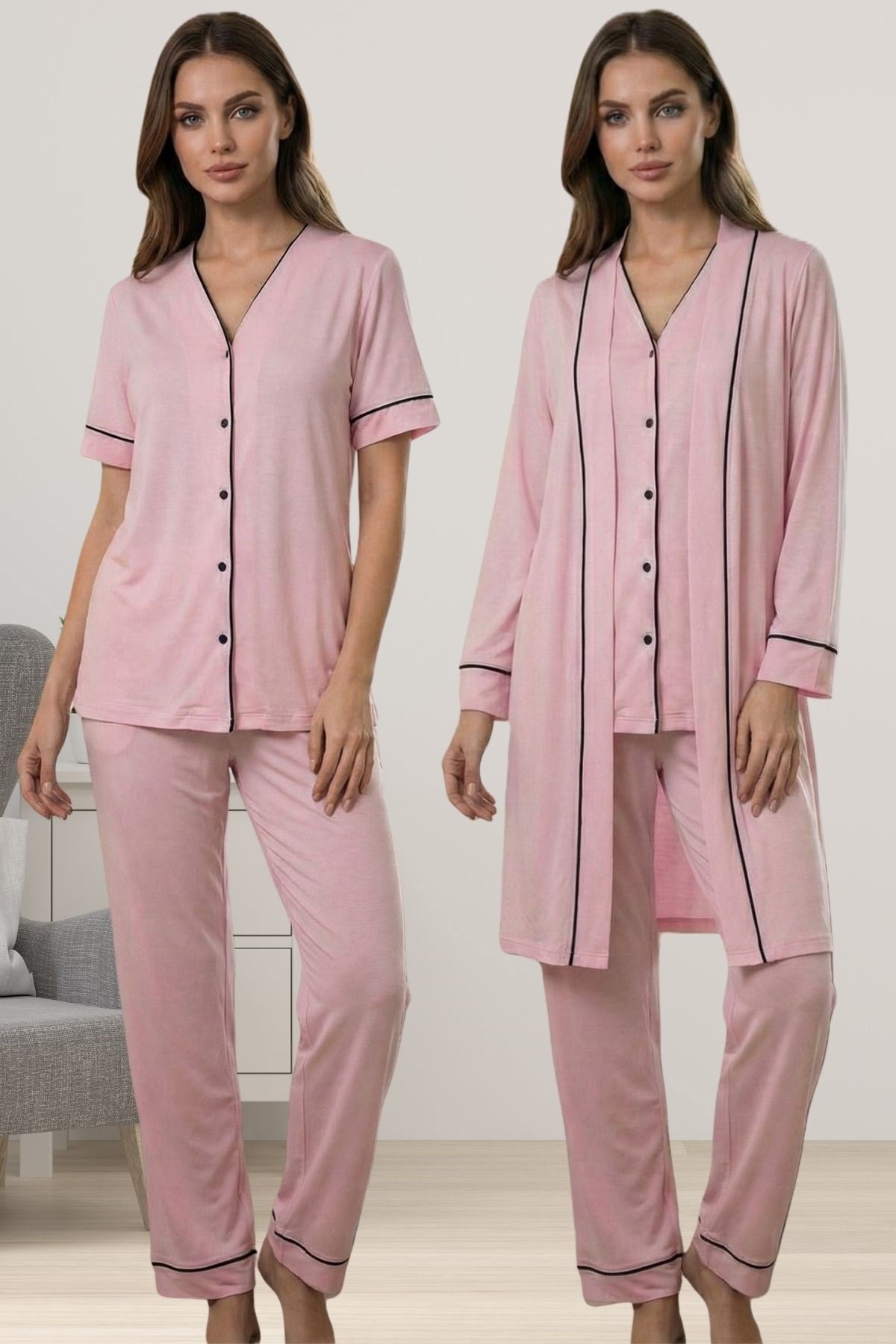Effortt 3074 Rahat Kesim Sabahlıklı Hamile Lohusa Pijama Takımı - Pembe
