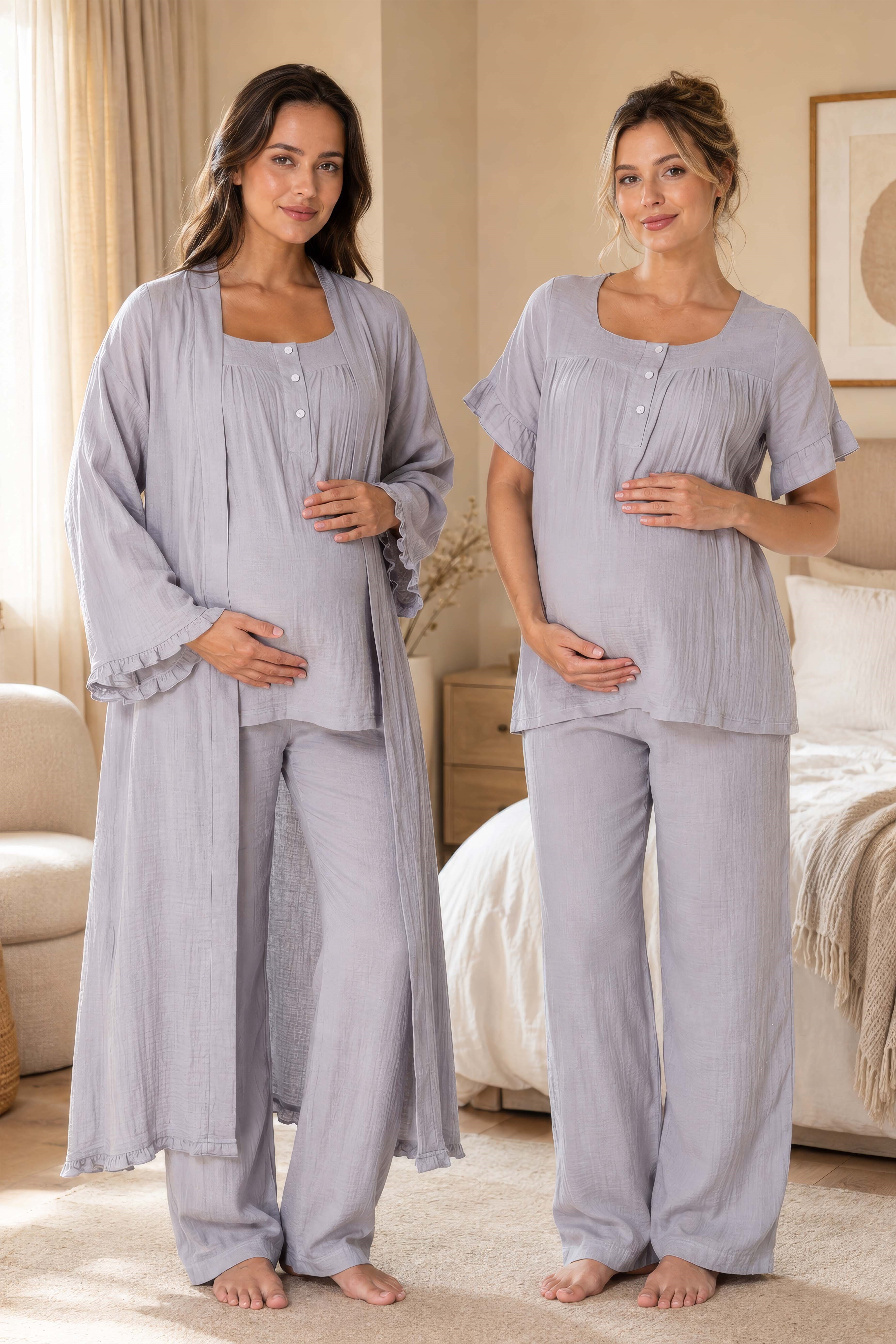 Effortt 3084 Gri Müslin Kumaş Sabahlıklı Hamile Lohusa Emzirme Pijama Takımı
