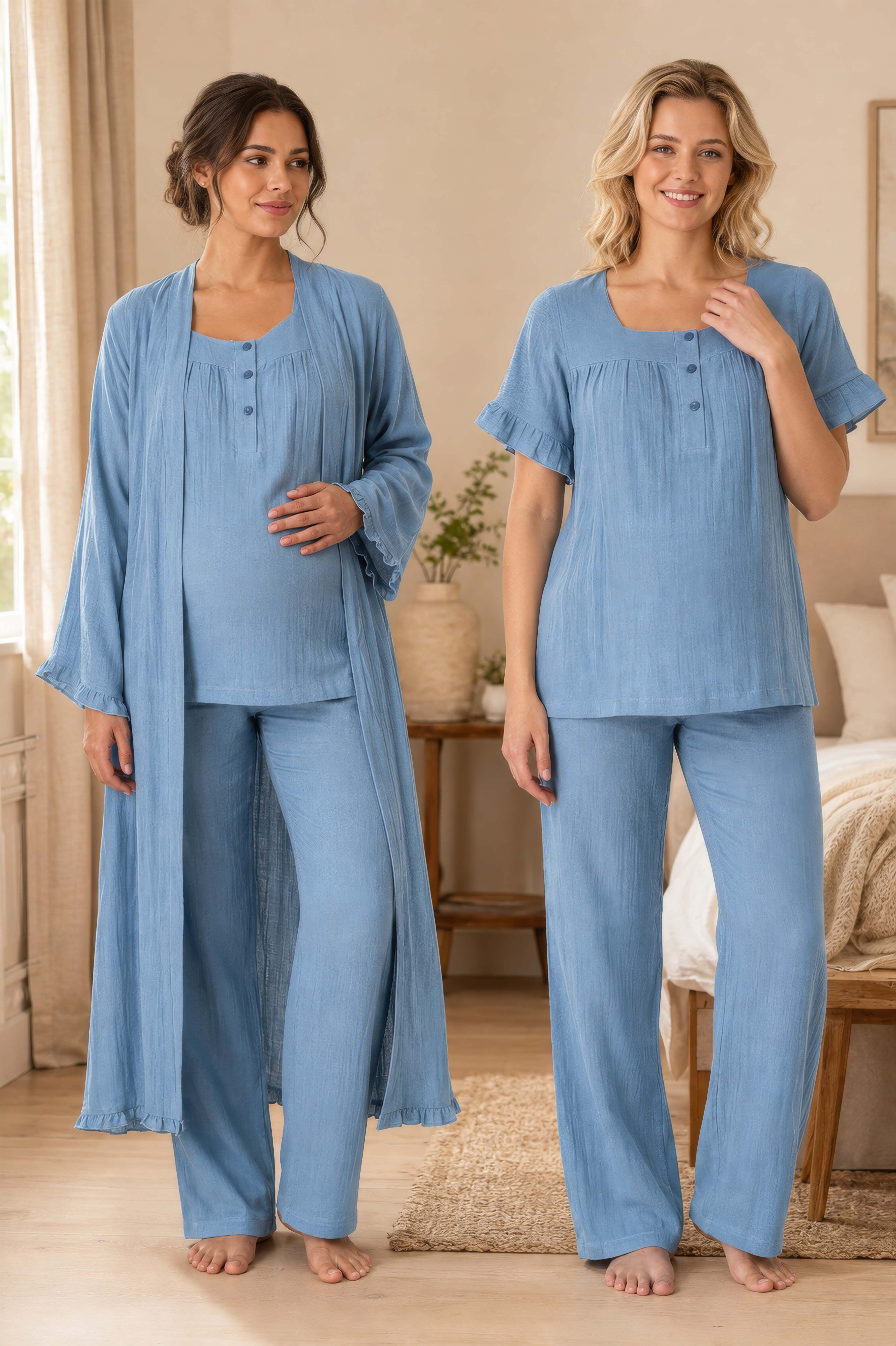 Effortt 3084 İndigo Müslin Kumaş Sabahlıklı Hamile Lohusa Emzirme Pijama Takımı