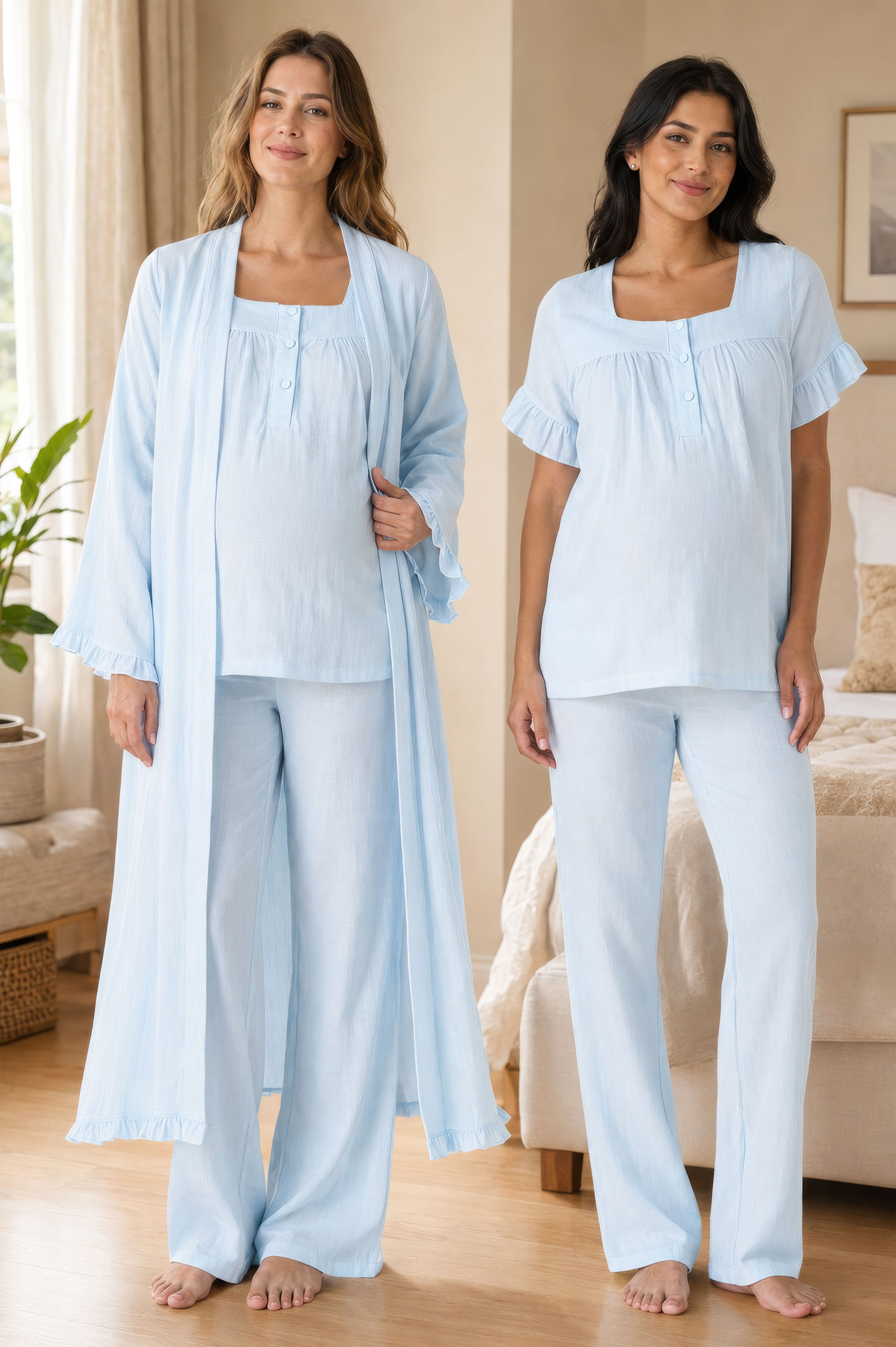 Effortt 3084 Mavi Müslin Kumaş Sabahlıklı Hamile Lohusa Emzirme Pijama Takımı