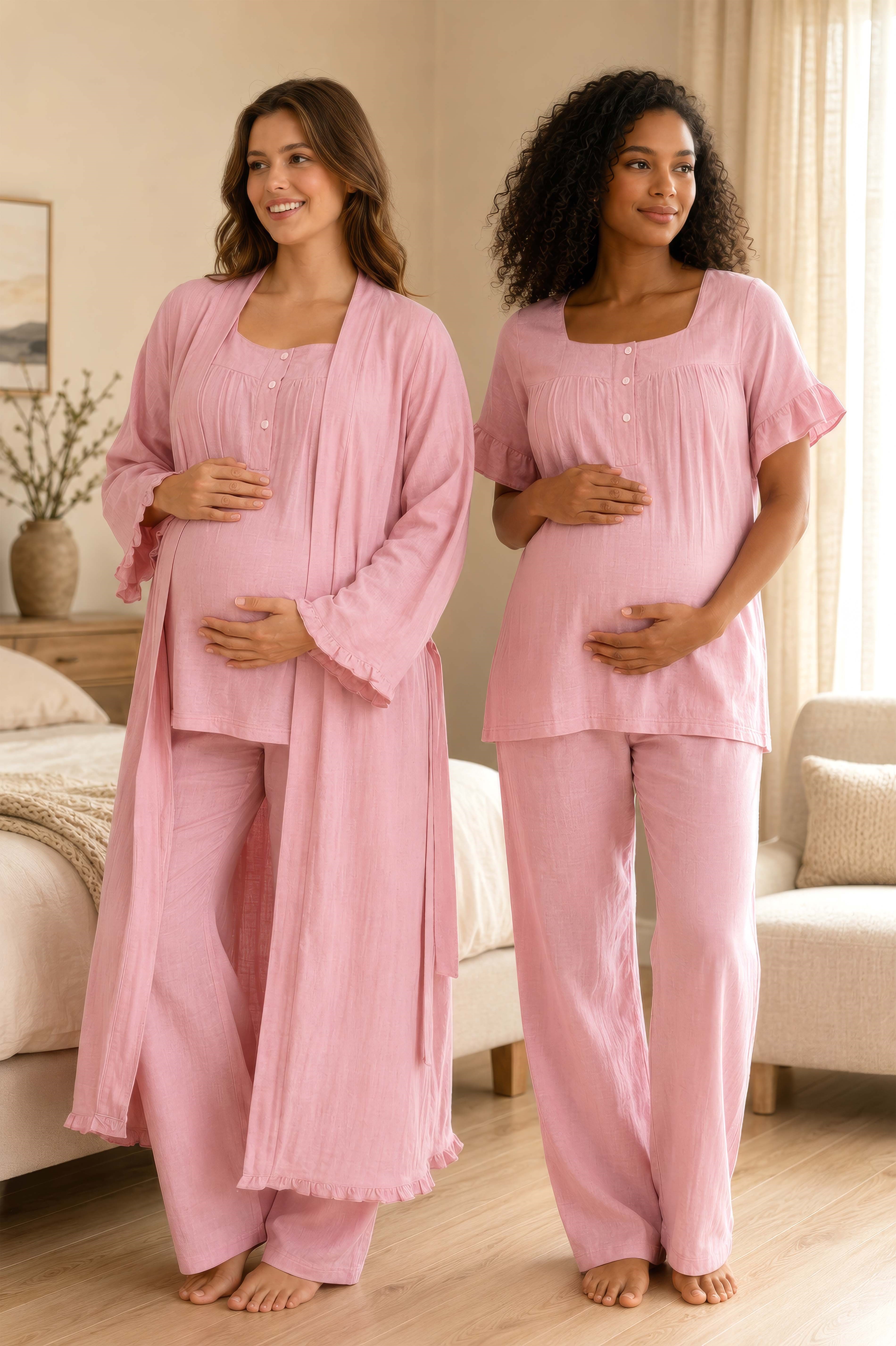 Effortt 3084 Pembe Müslin Kumaş Sabahlıklı Hamile Lohusa Emzirme Pijama Takımı