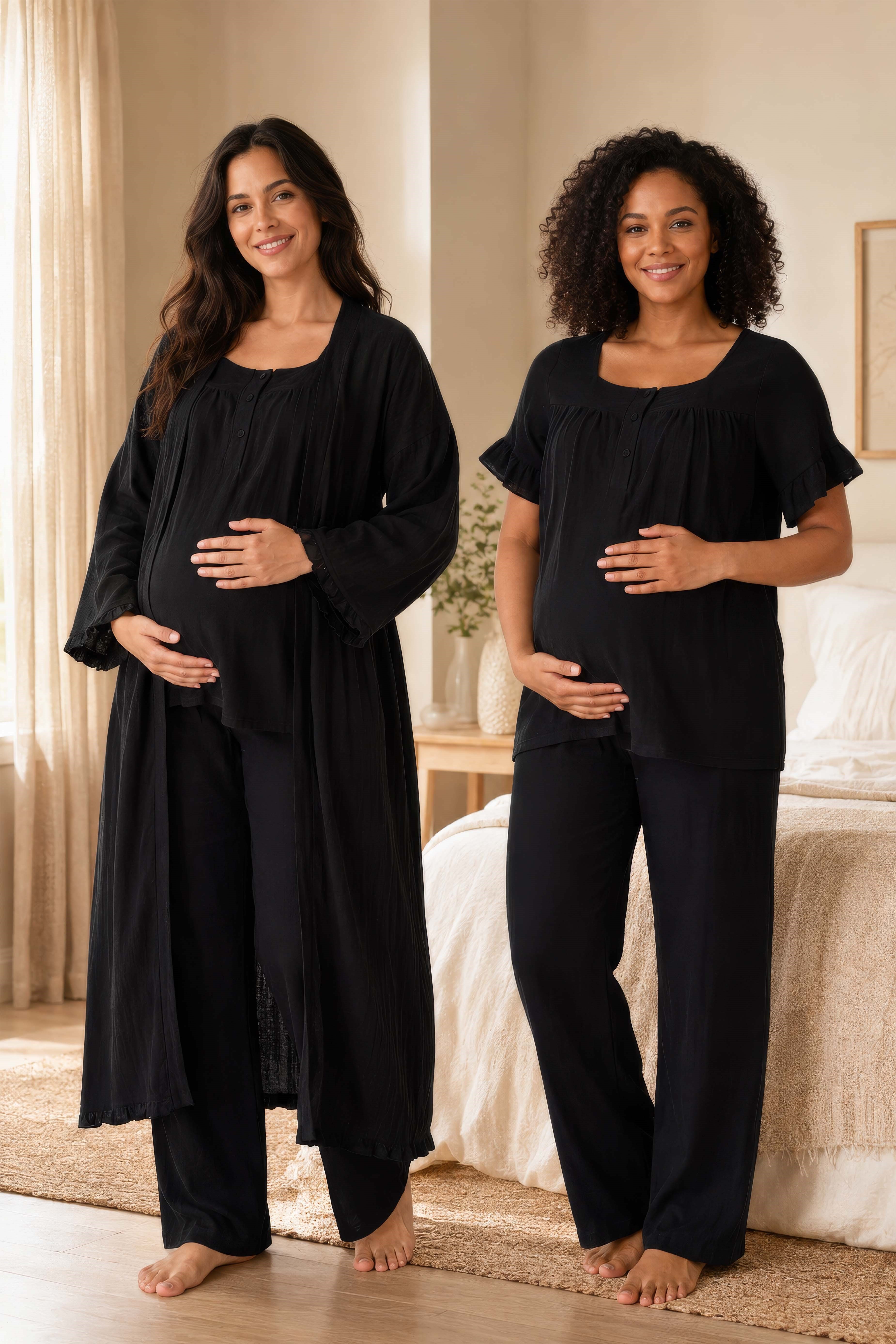 Effortt 3084 Siyah Müslin Kumaş Sabahlıklı Hamile Lohusa Emzirme Pijama Takımı