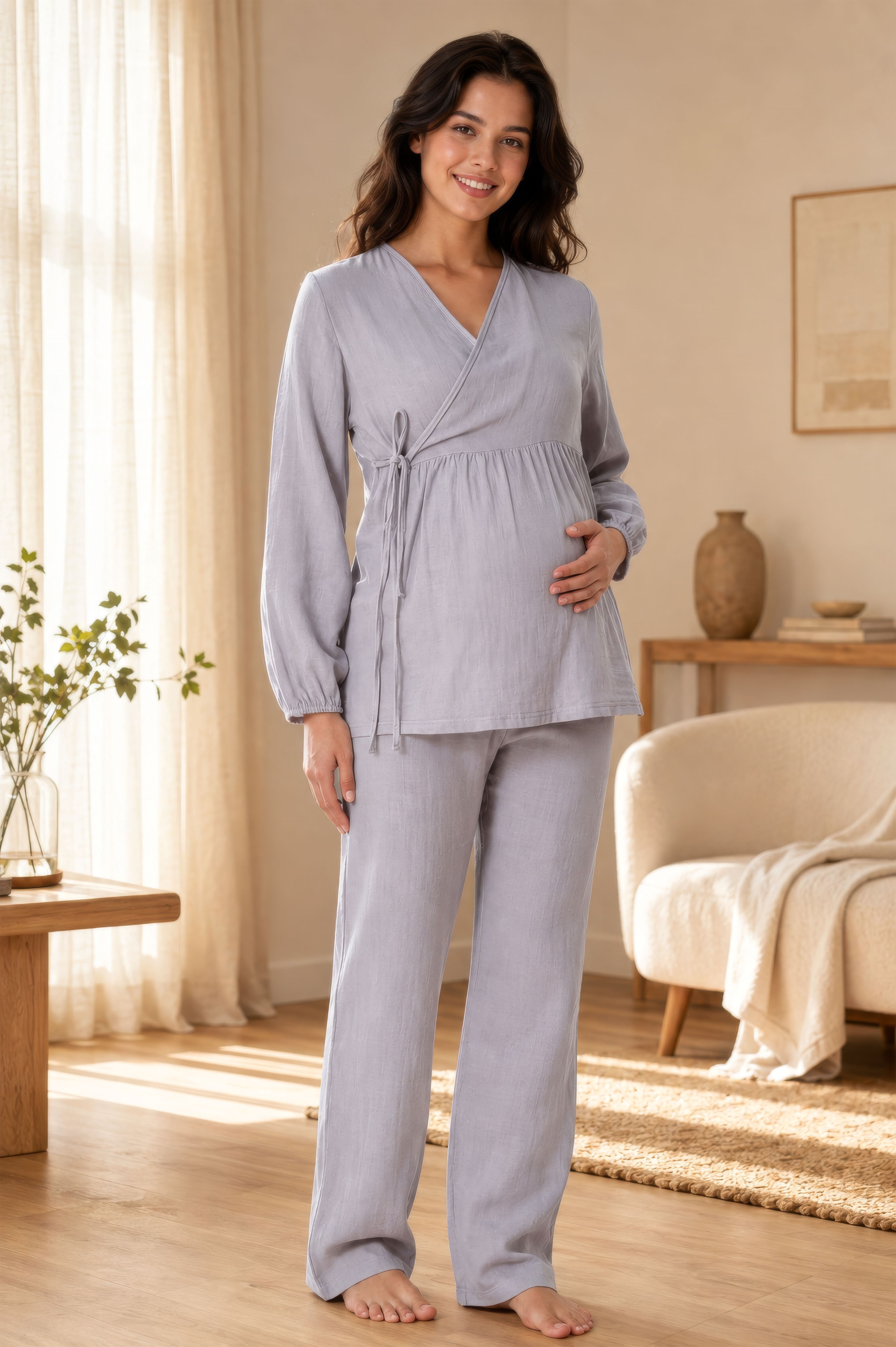 Effortt 3087 Gri Uzun Kol Müslin Kumaş Emzirme Özellikli Hamile Lohusa Pijama Takımı
