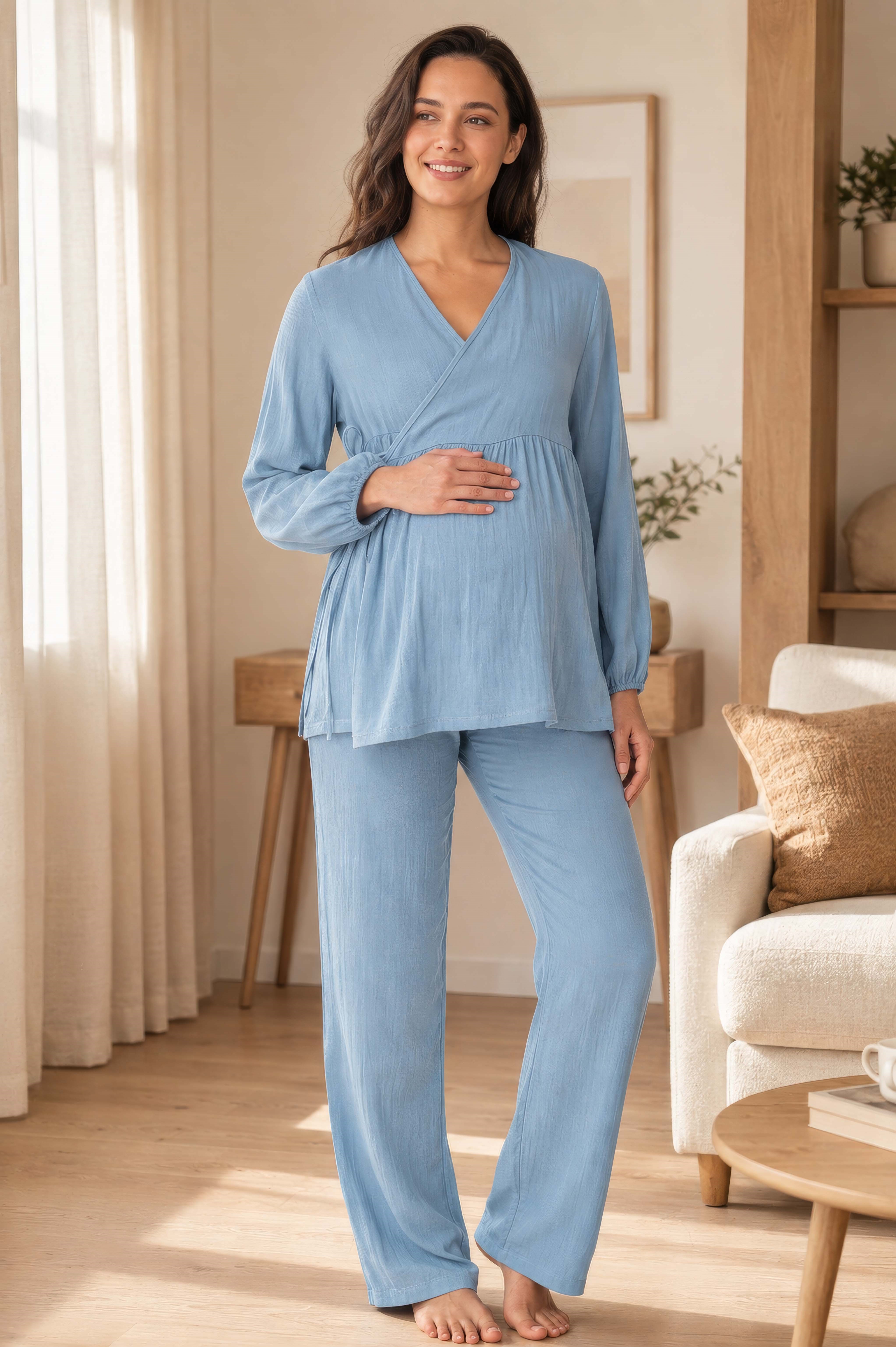 Effortt 3087 İndigo Uzun Kol Müslin Kumaş Emzirme Özellikli Hamile Lohusa Pijama Takımı